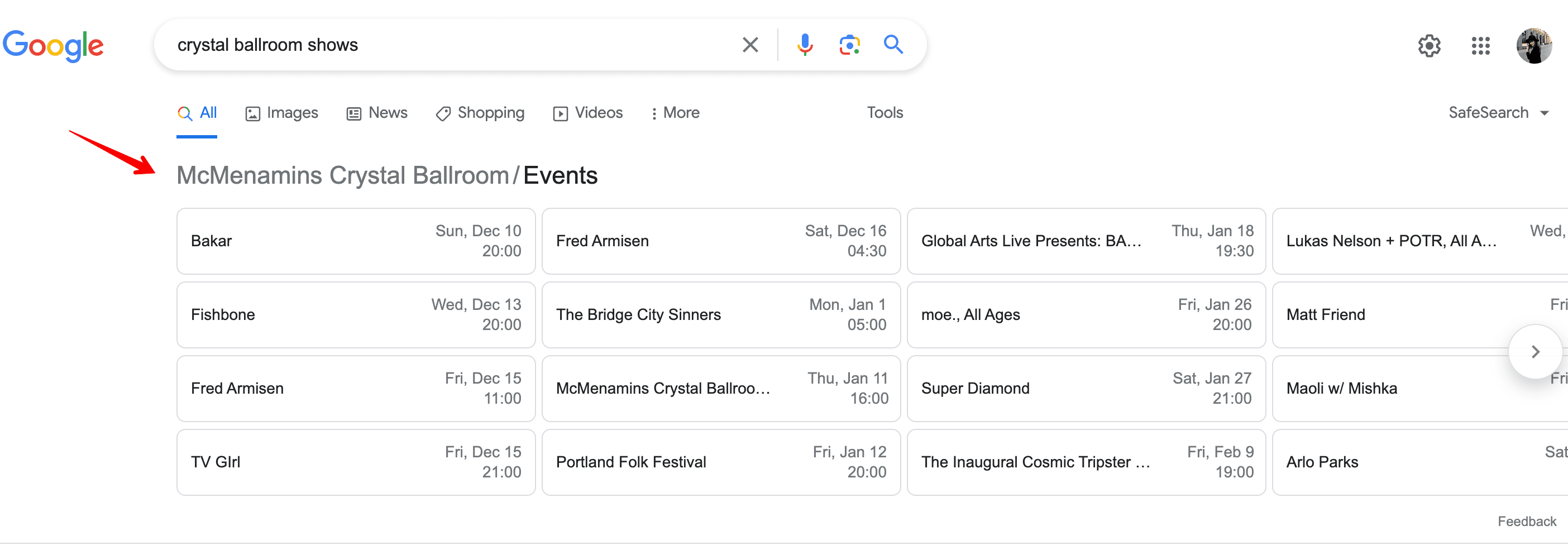 Event schedule SERP feature