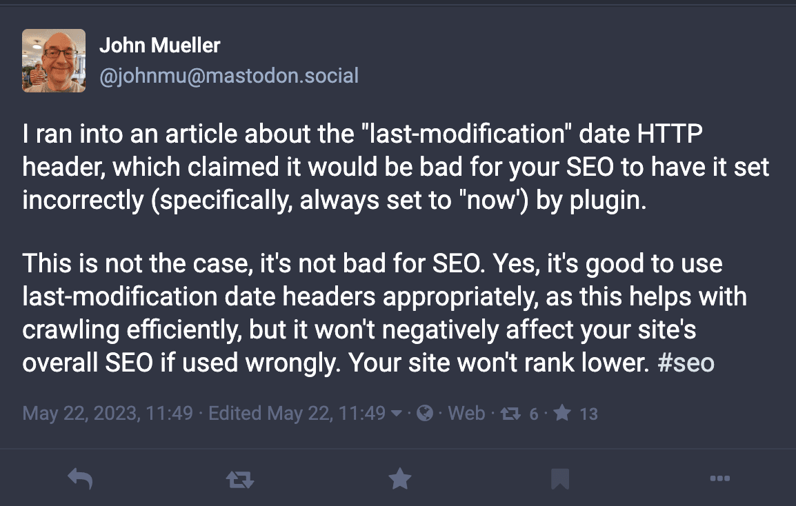 Having the wrong last modification date in your HTTP header won’t impact SEO