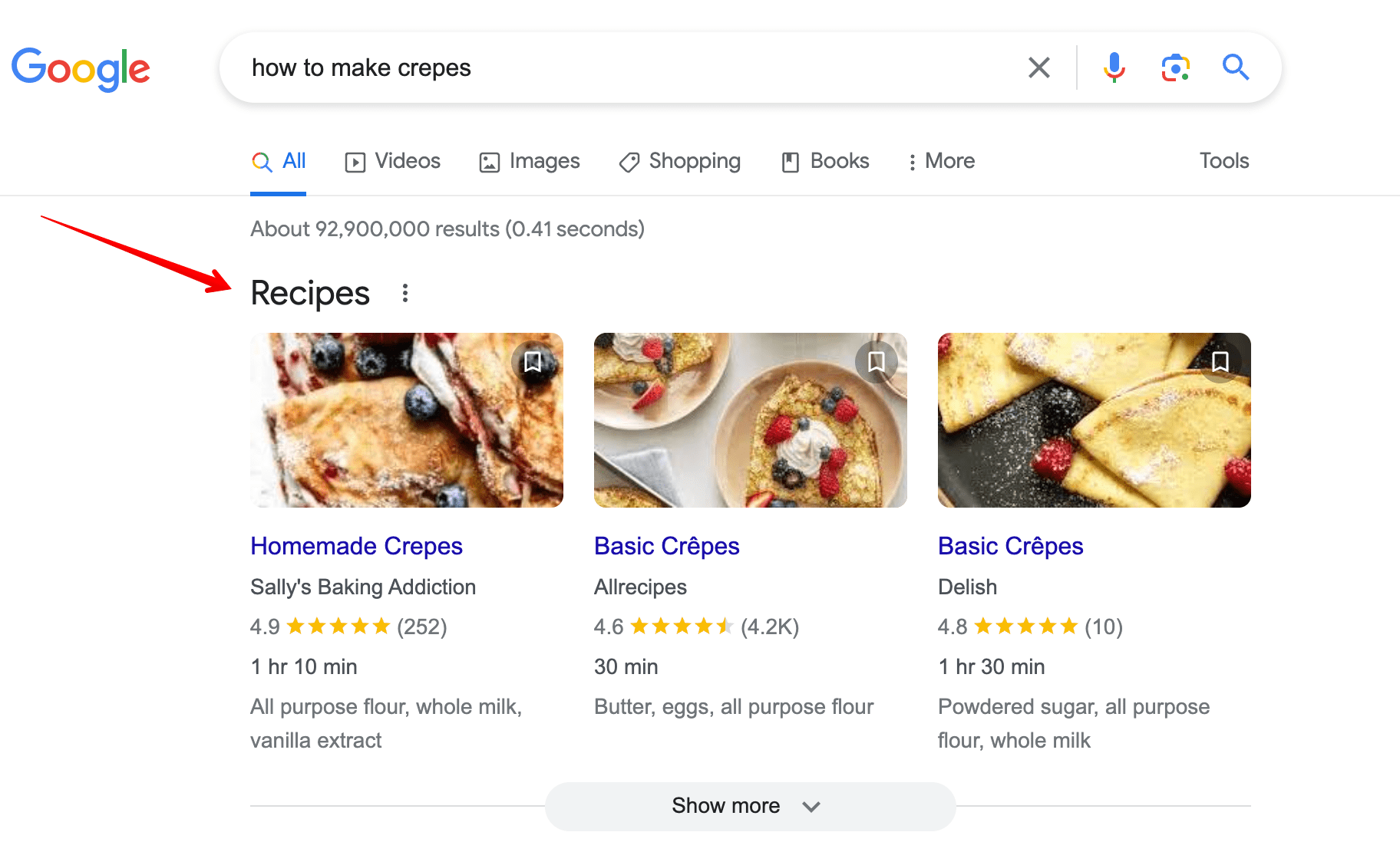 Recipes SERP feature