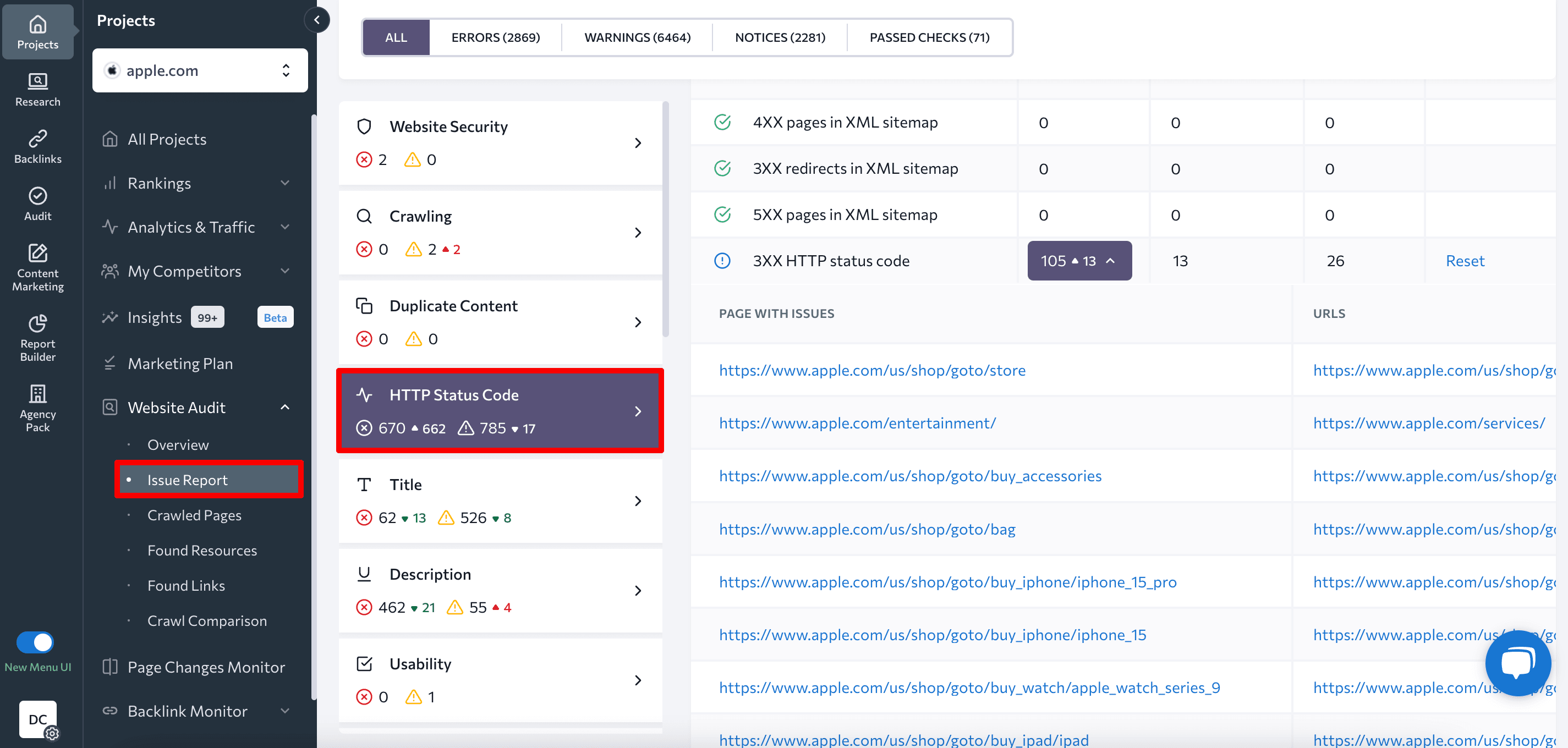 Issue Report tab in SE Ranking's Website Audit