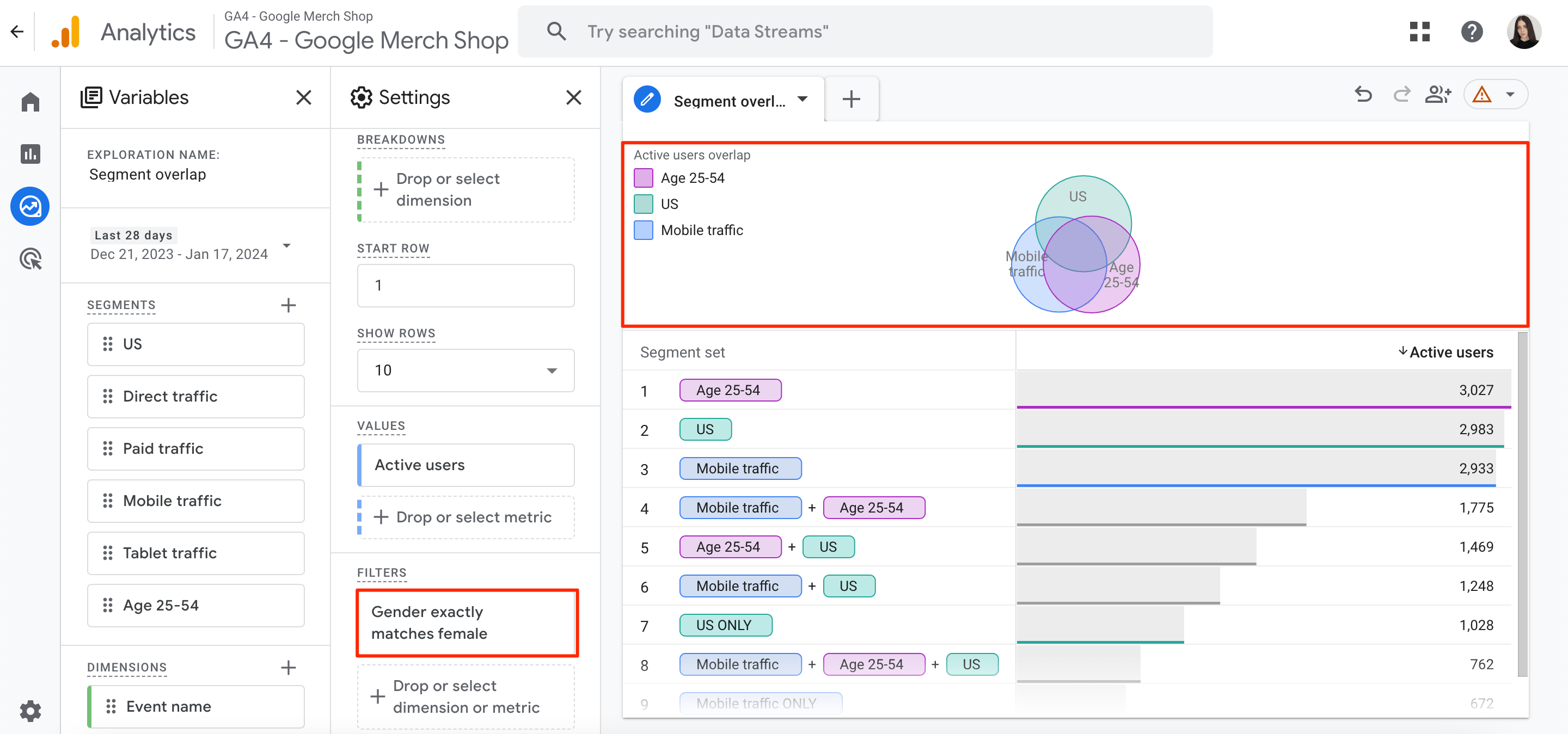 GA4 exploration report filtering