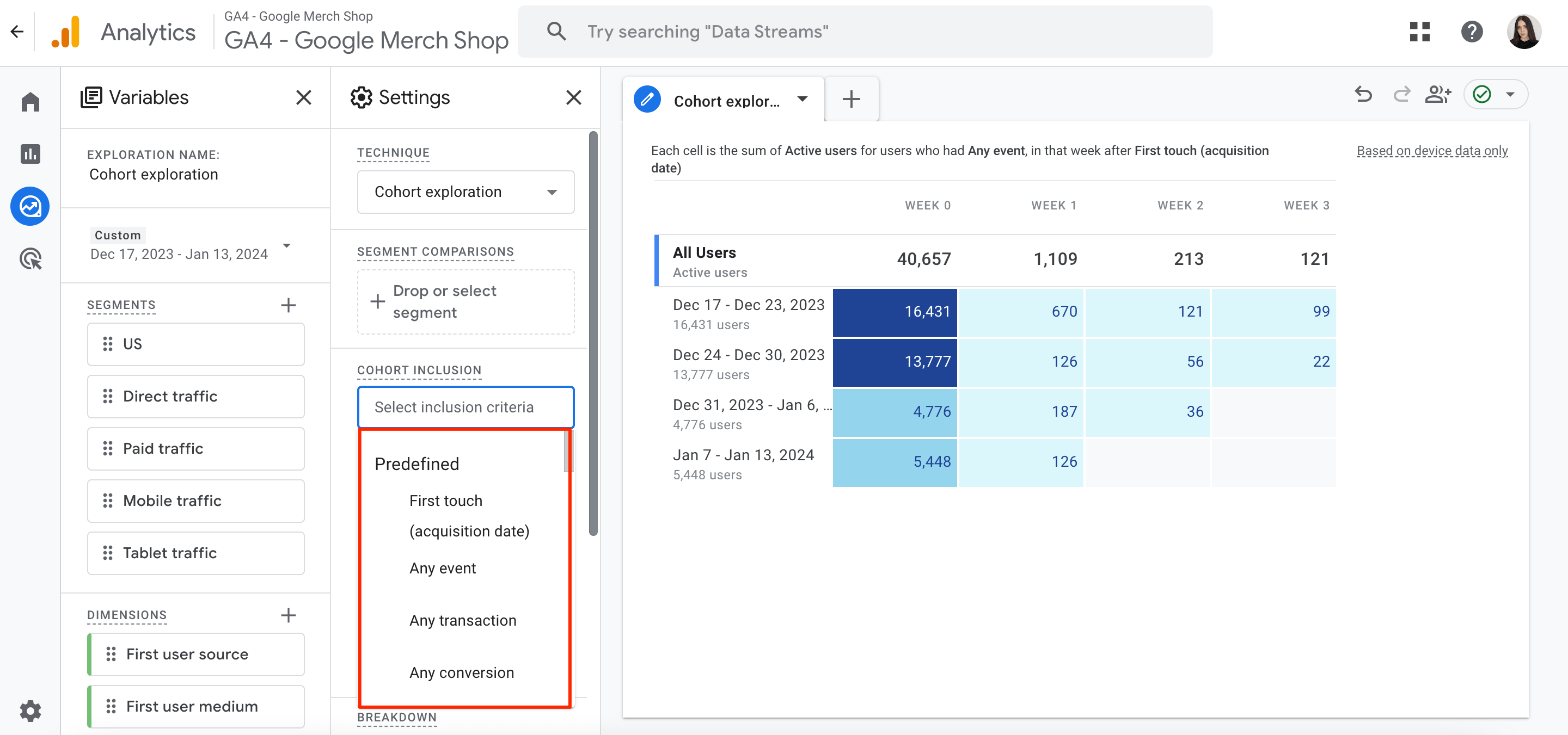 GA4 cohort inclusion