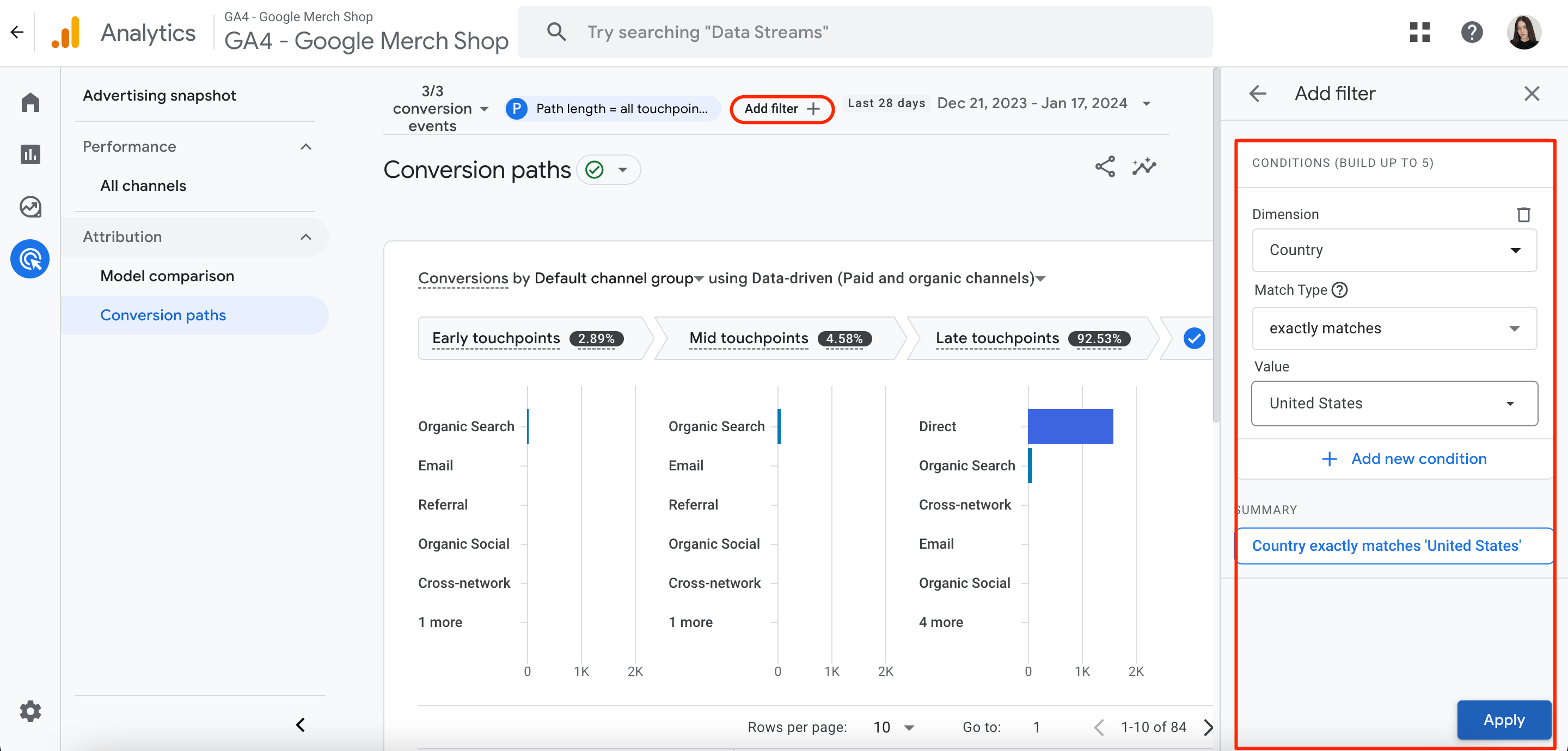 GA4 filtering conversion paths data