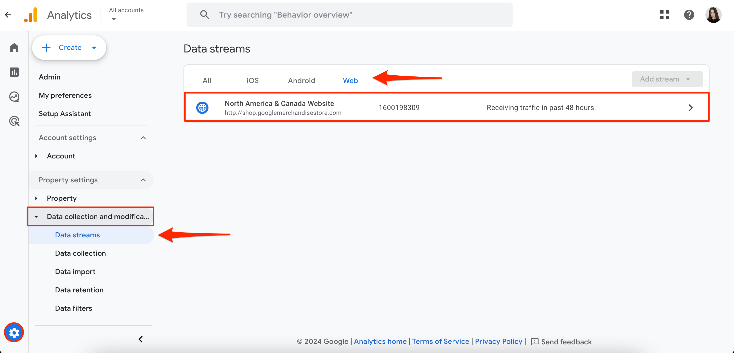 Web data stream within GA4