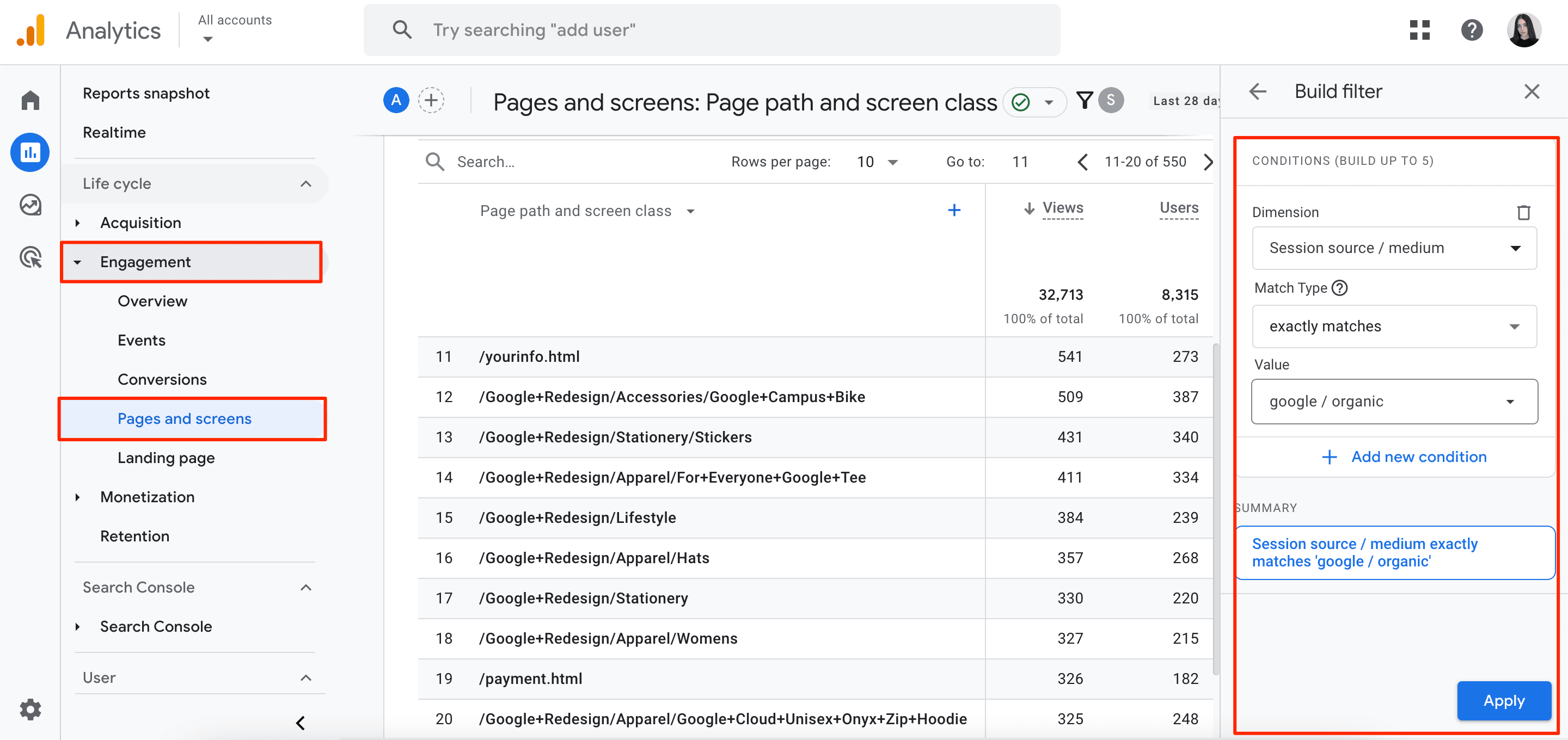 pages by organic traffic in GA4