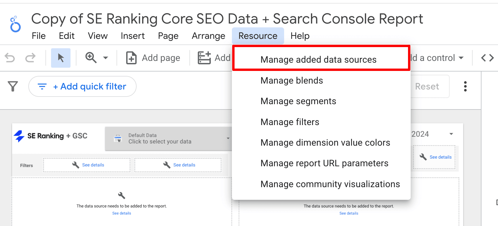 Manage data sources added