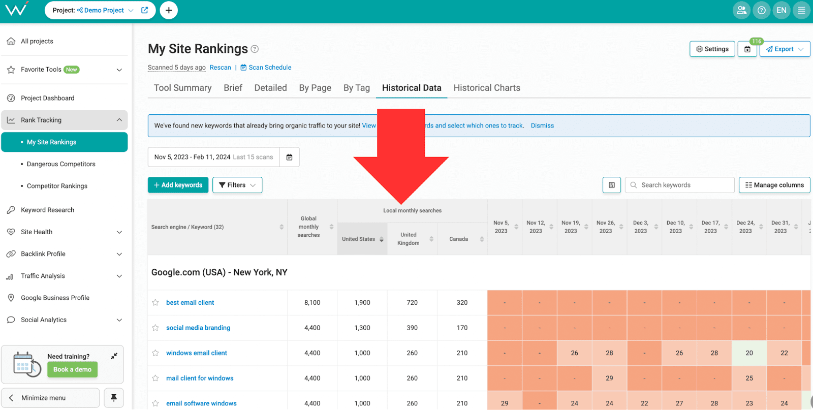 Tracking rankings in WebCEO