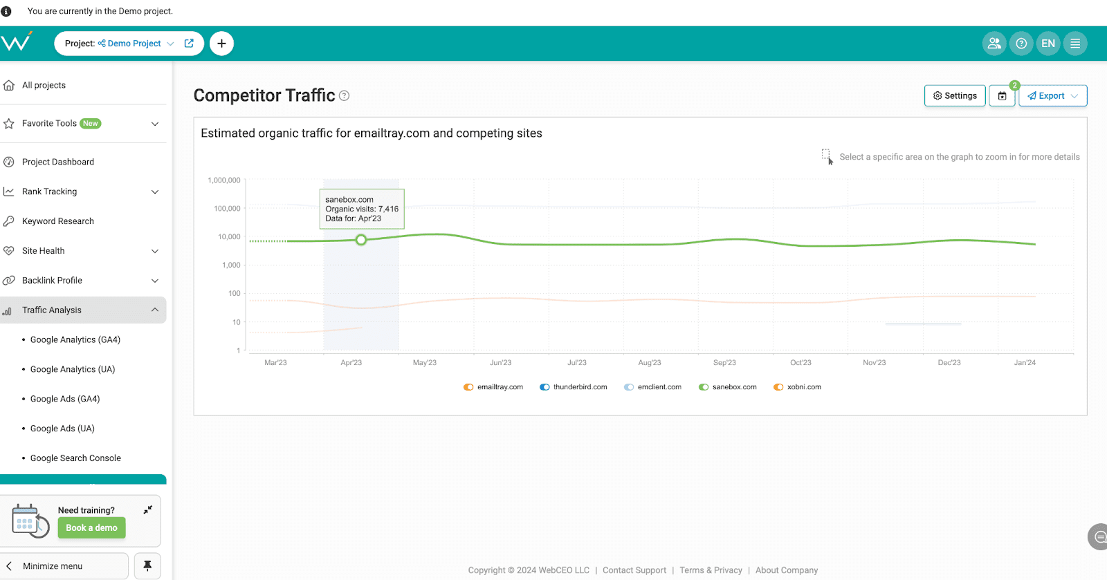 Check competitor traffic in WebCEO