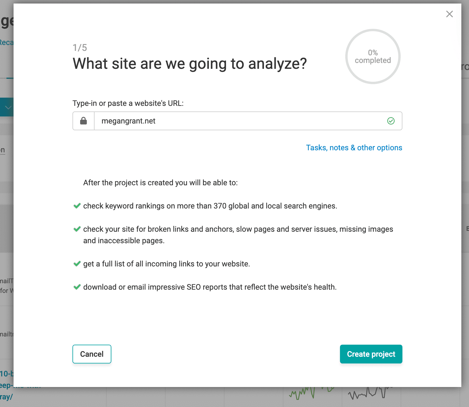 Starting site analysis with WebCEO