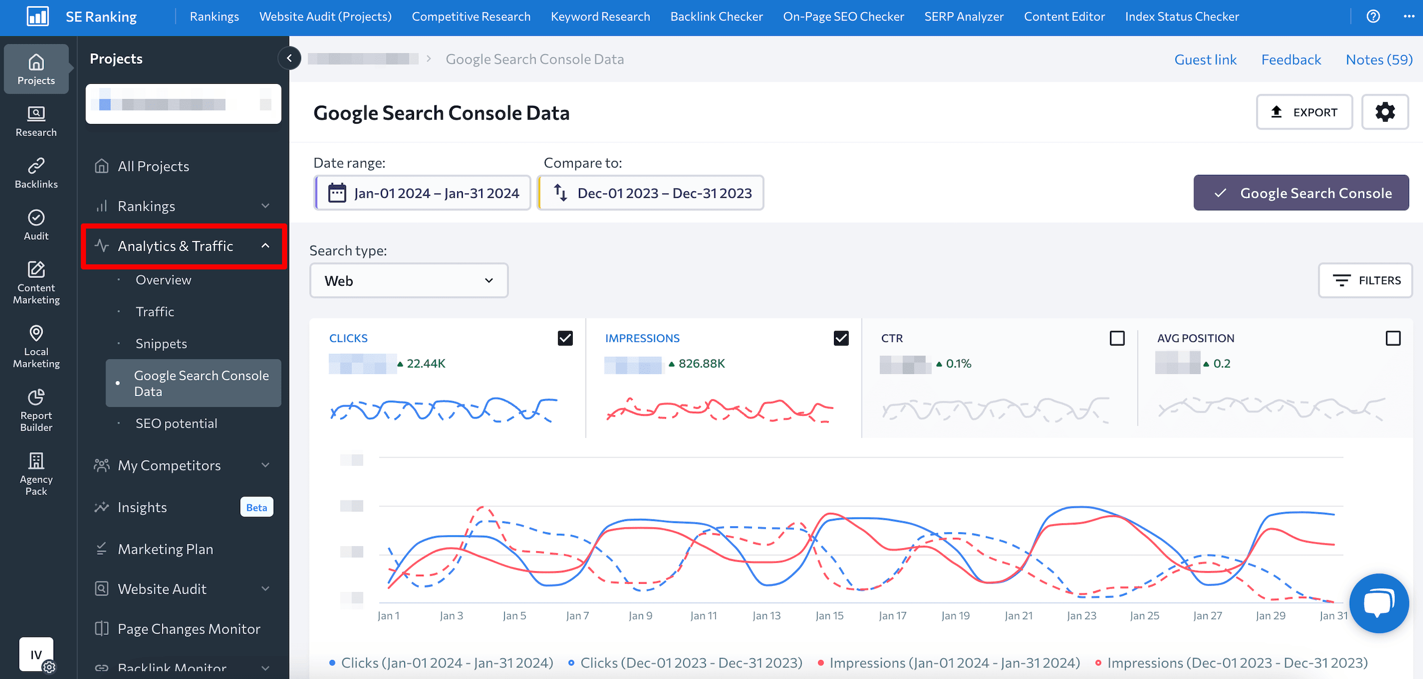 Analytics and Traffic section in SE Ranking