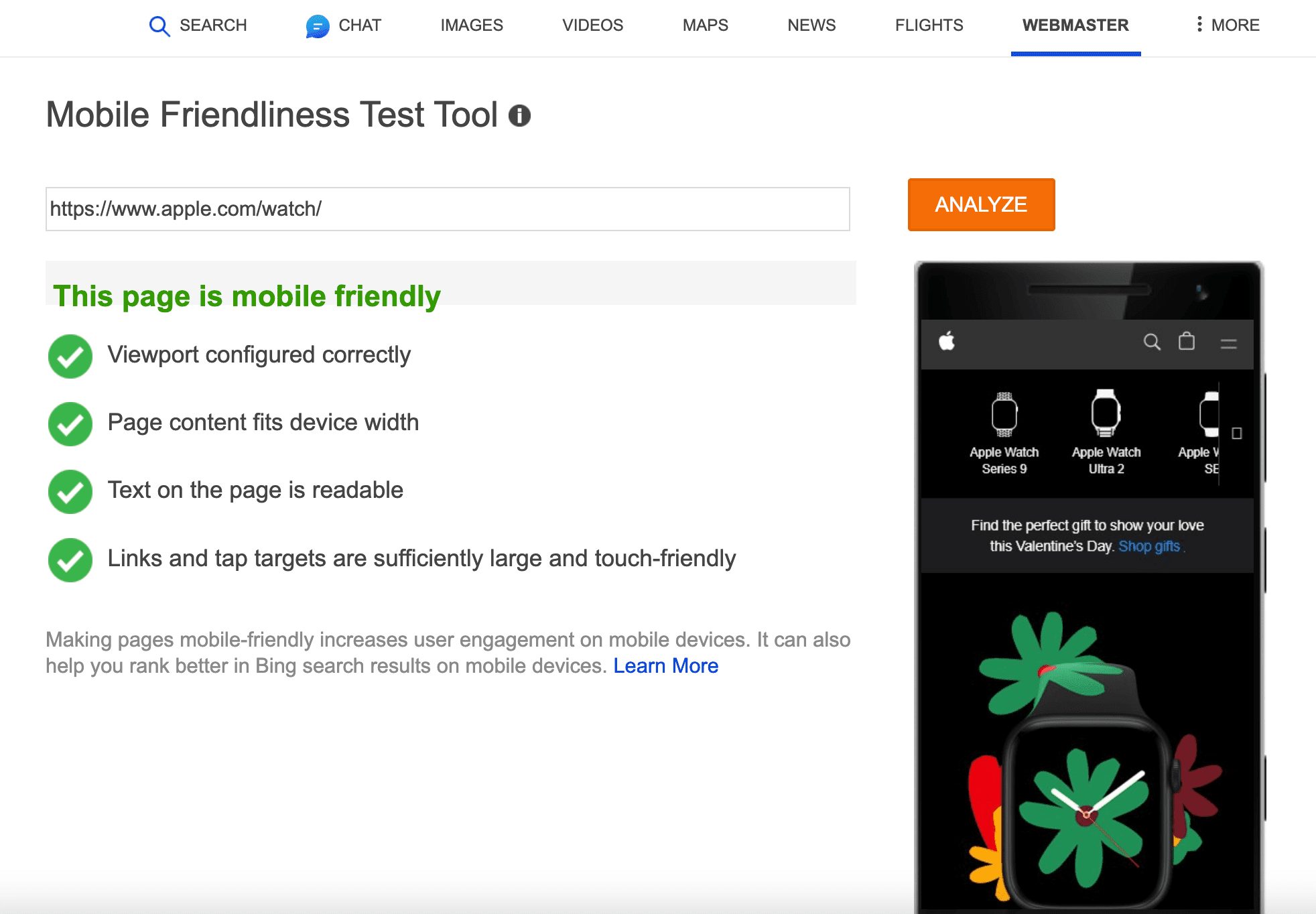 Mobile-Friendly Test using Bing Webmaster Tools