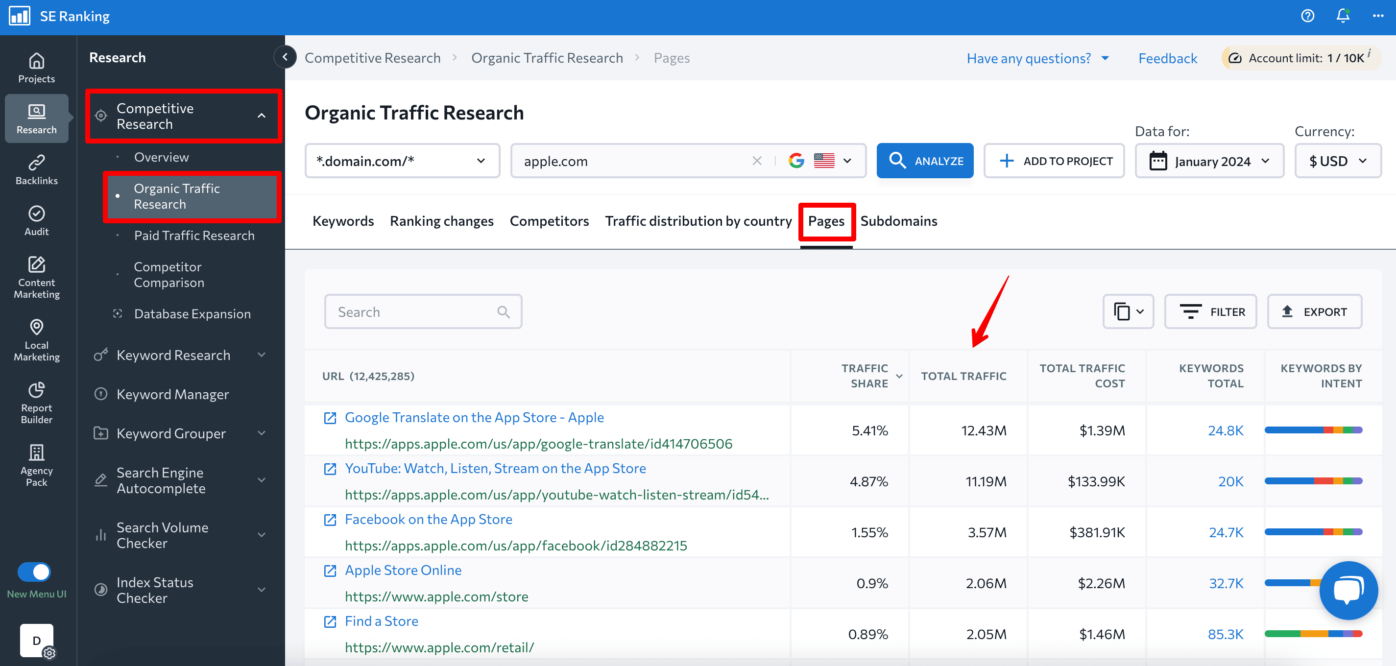 How to identify your top pages by their traffic with SE Ranking