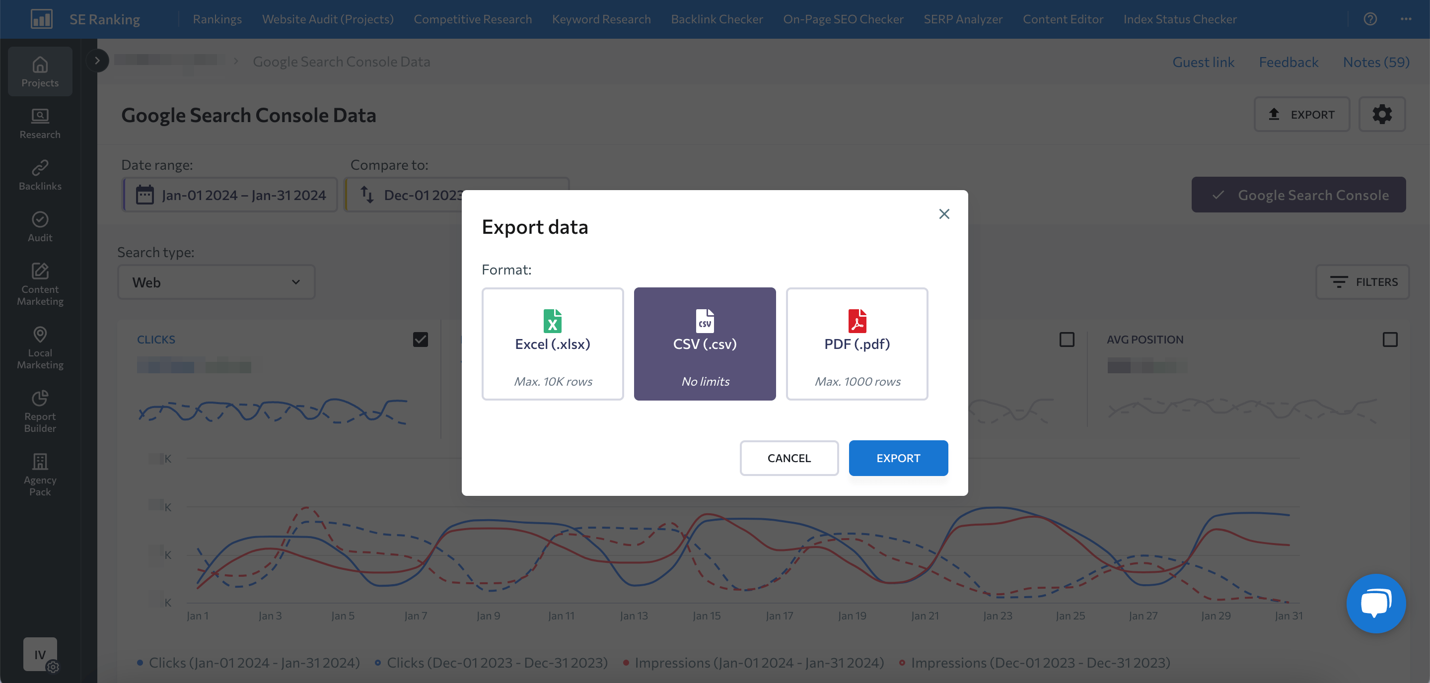 How to export GSC data with SE Ranking