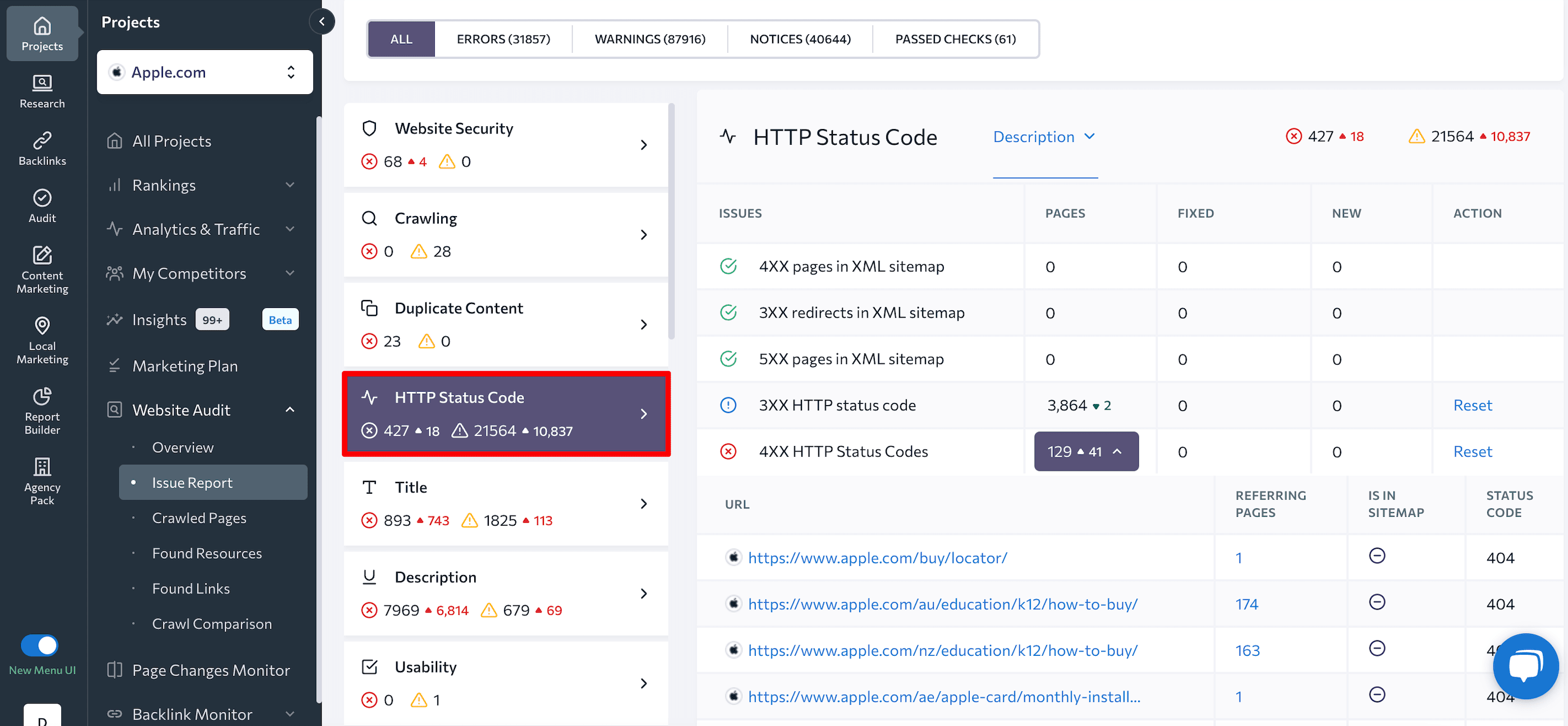 HTTP Status Code section in SE Ranking