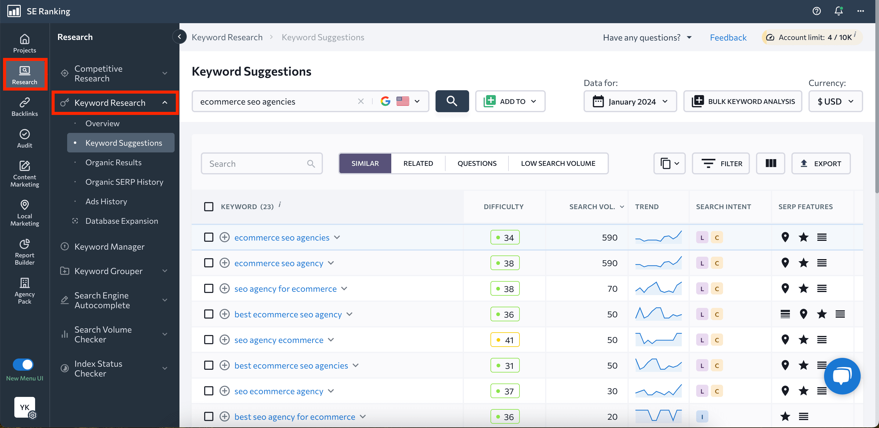 SE Ranking's Keyword Research Tool