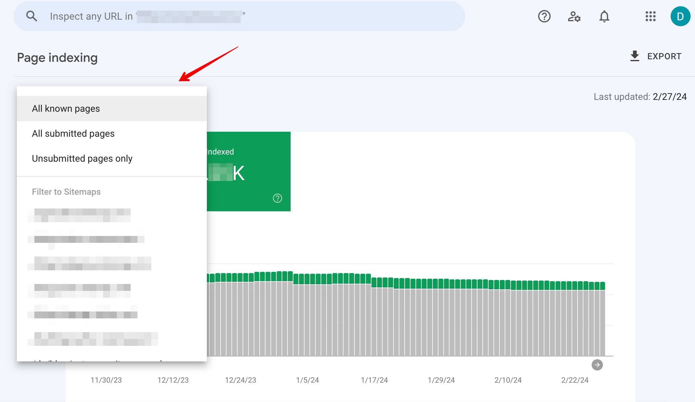 Filter in Google Search Console's Pages indexing report 