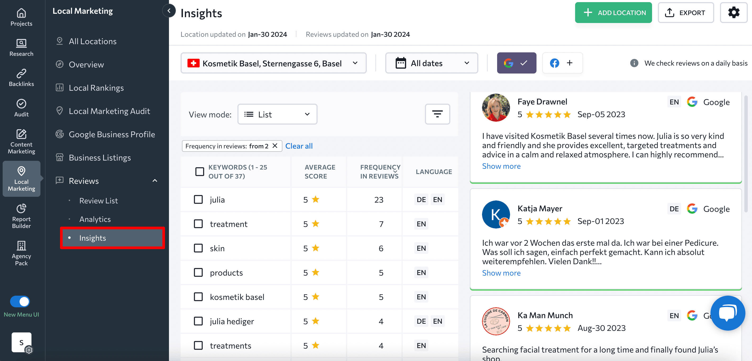 Insights section in SE Ranking's Local Marketing