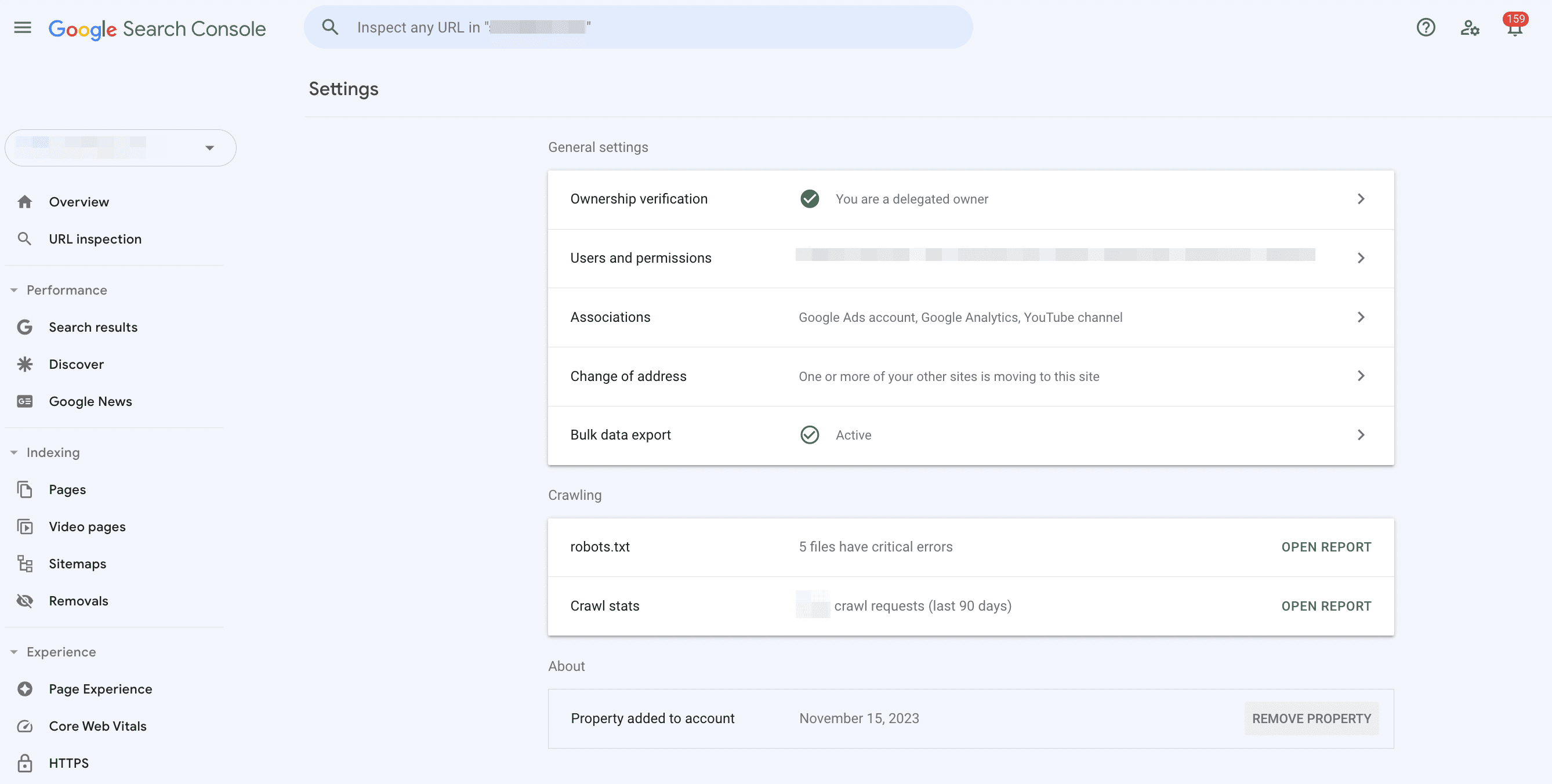 Settings page in GSC