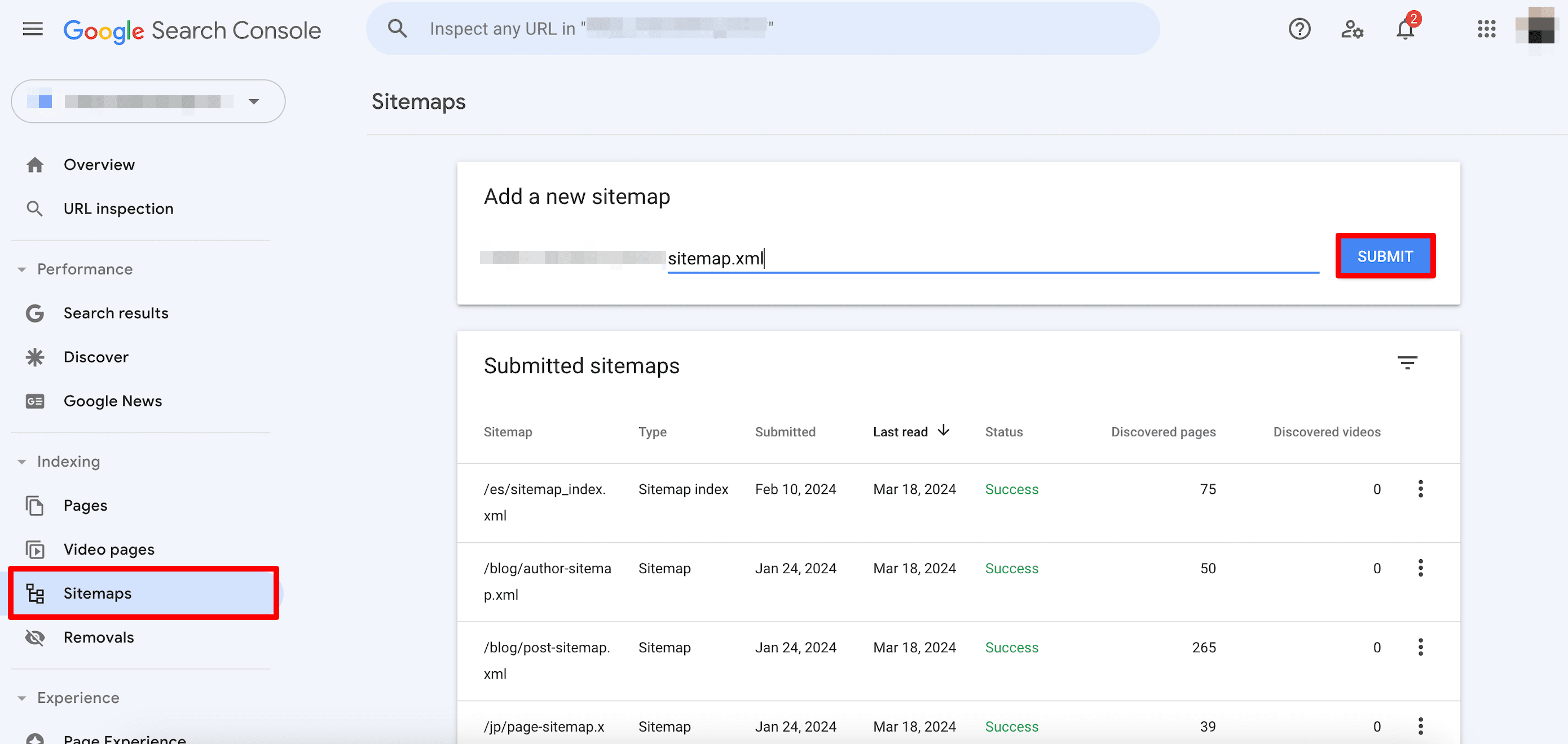 Sitemaps report in Google Search Console