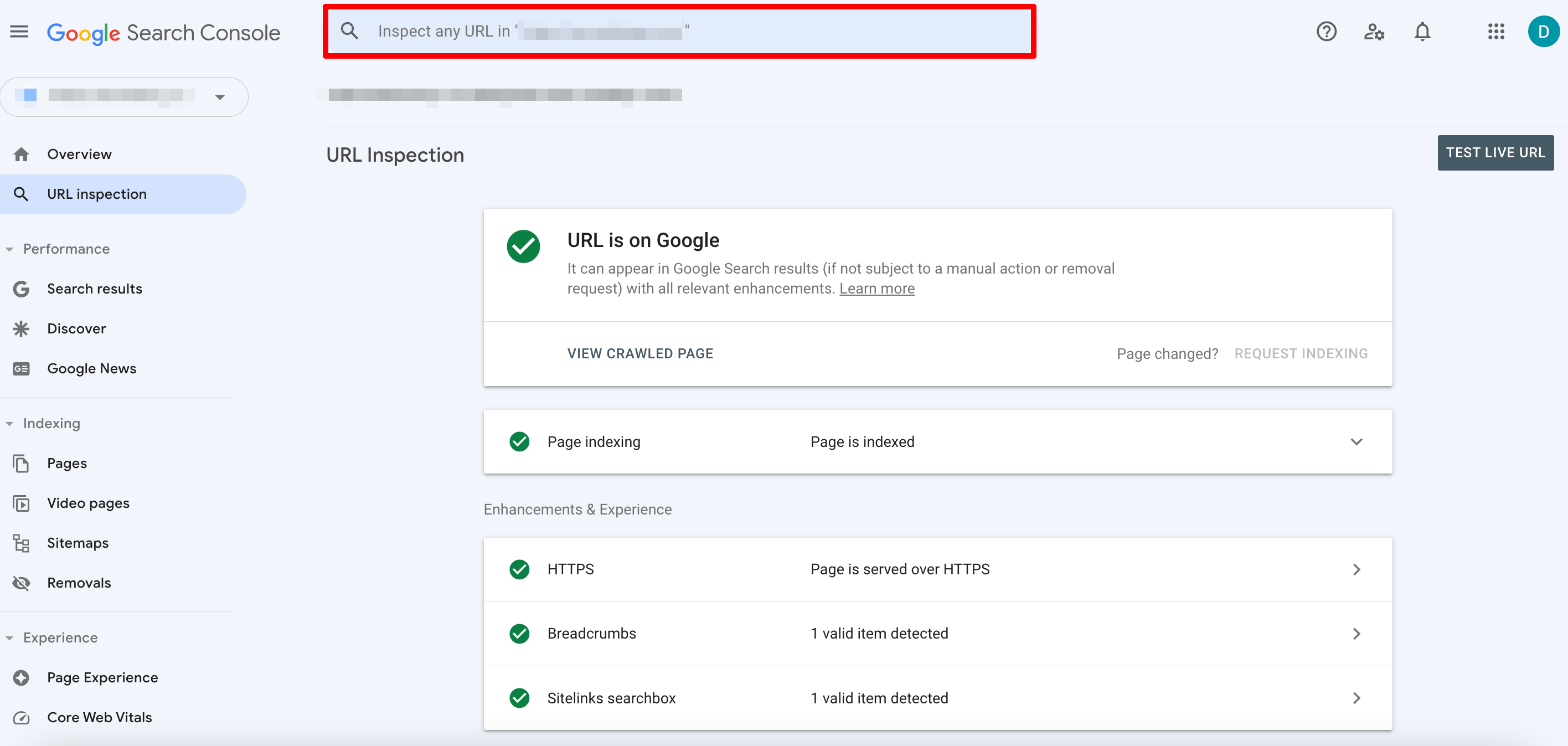 URL Inspection tool in Google Search Console