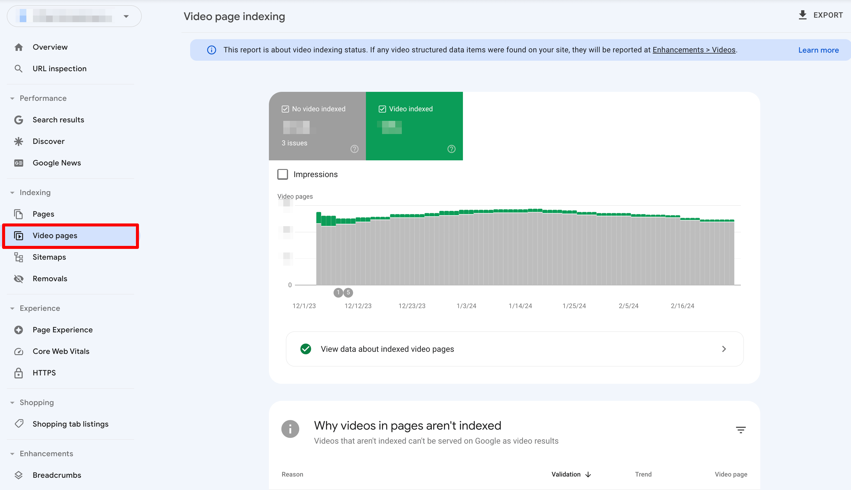 Video page indexing report in GSC