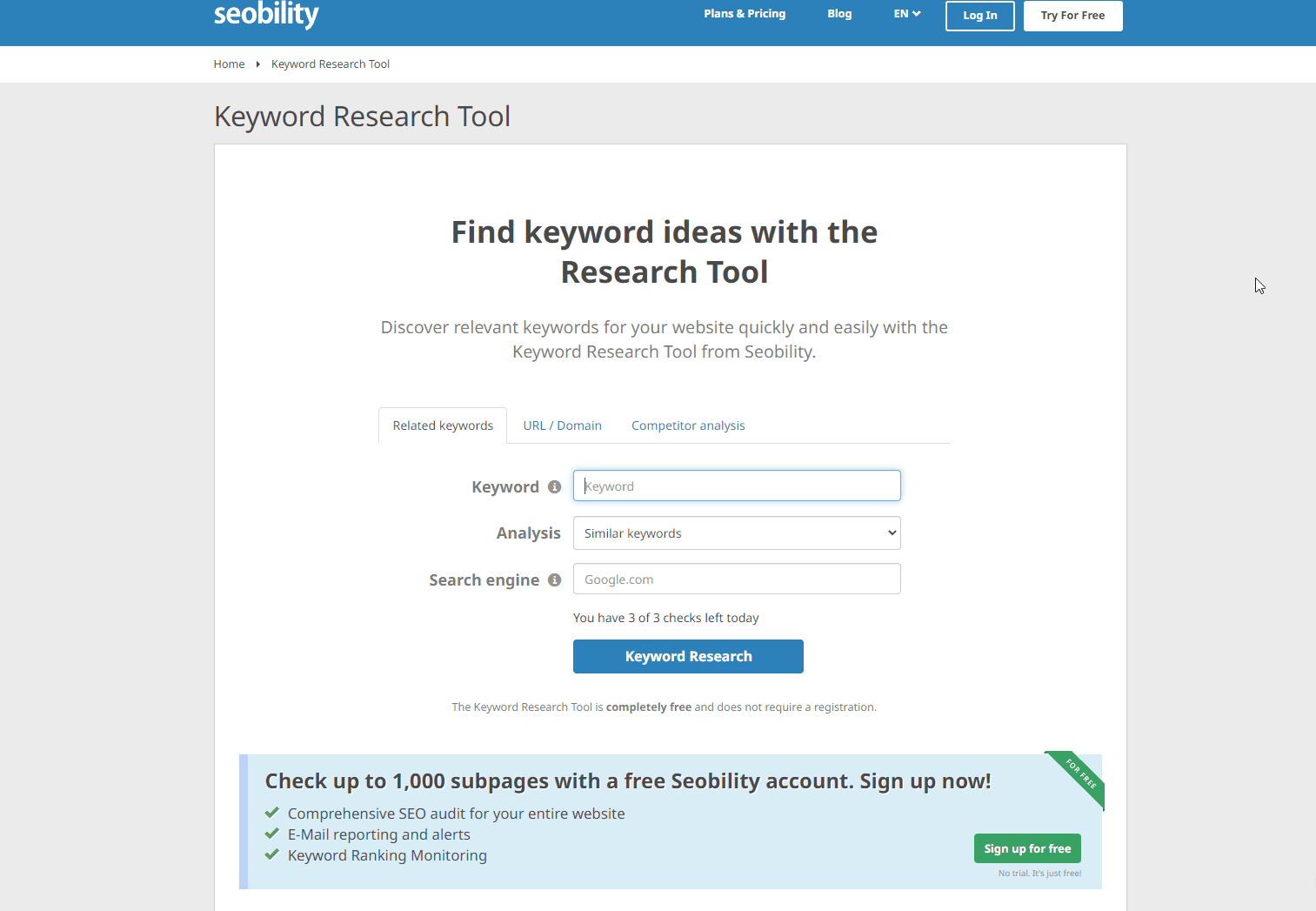 Seobility's Keyword Research Tool main page