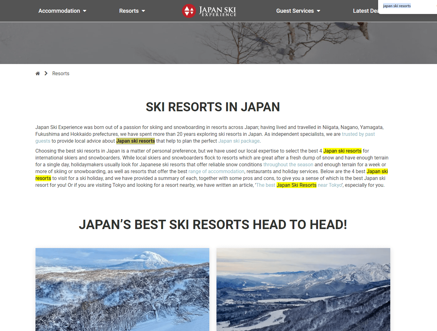 Japan ski resorts page