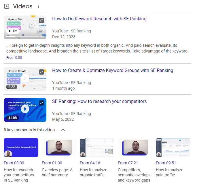 An example of enriched search results for videos with key moments highlighted