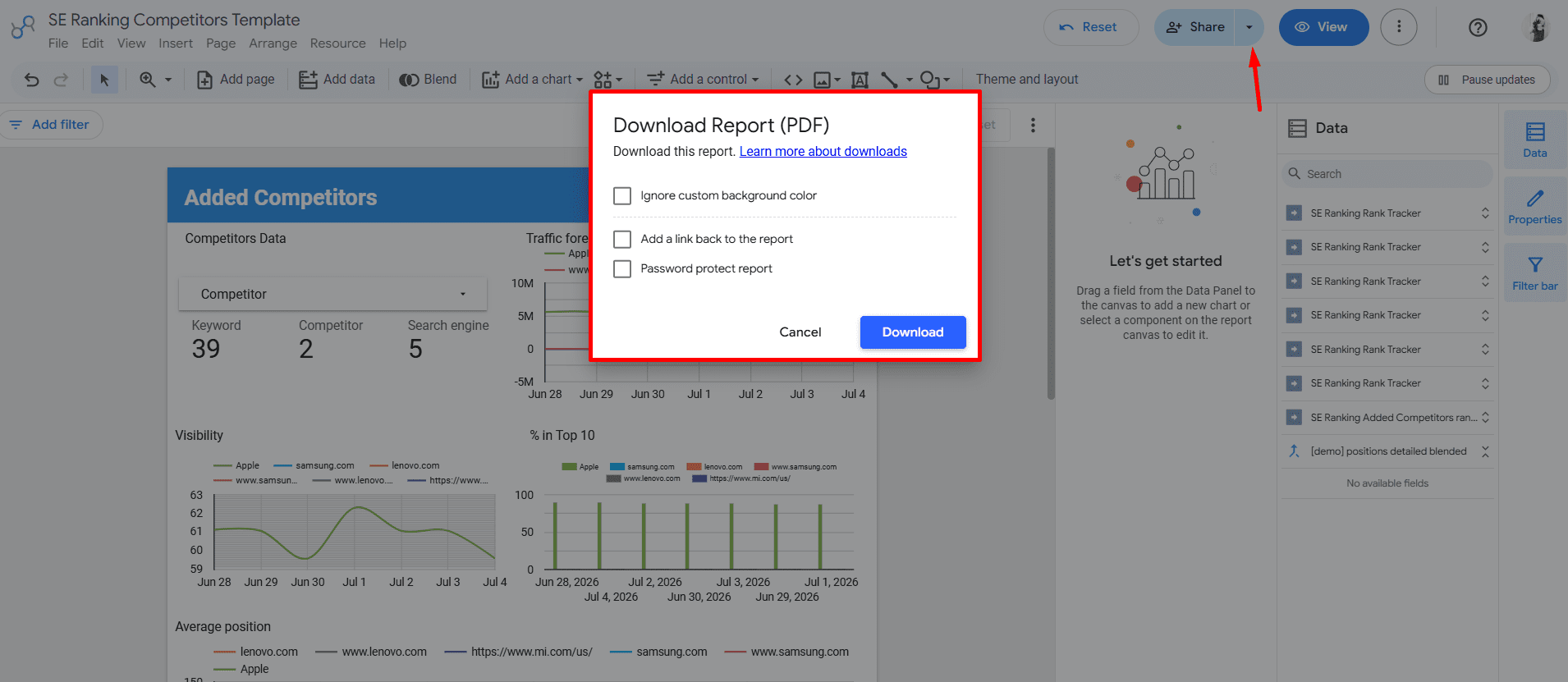 Download Data Studio report in PDF Data Studio PDF download option