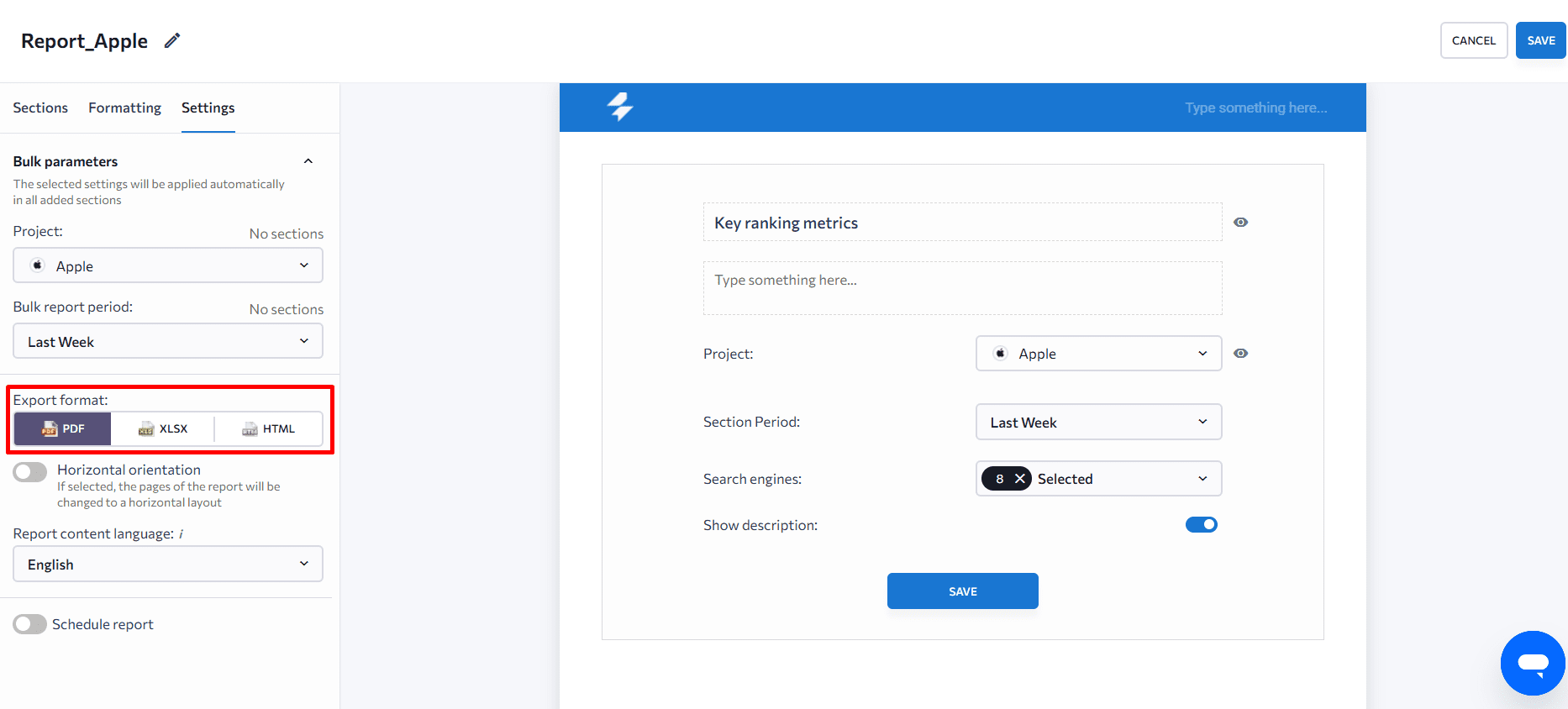 Download your report in PDF, CSV, XLS, or HTML Export format options in SE Ranking's Report Builder