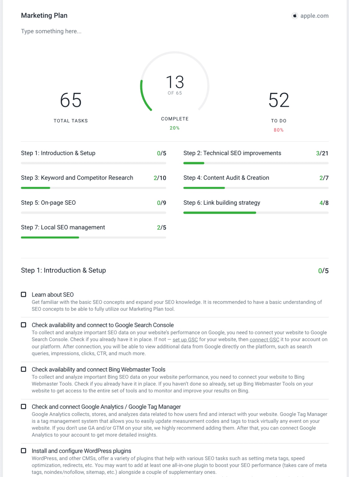 Marketing Plan in SE Ranking's Report Builder Example of marketing plan in SE Ranking's Report Builder