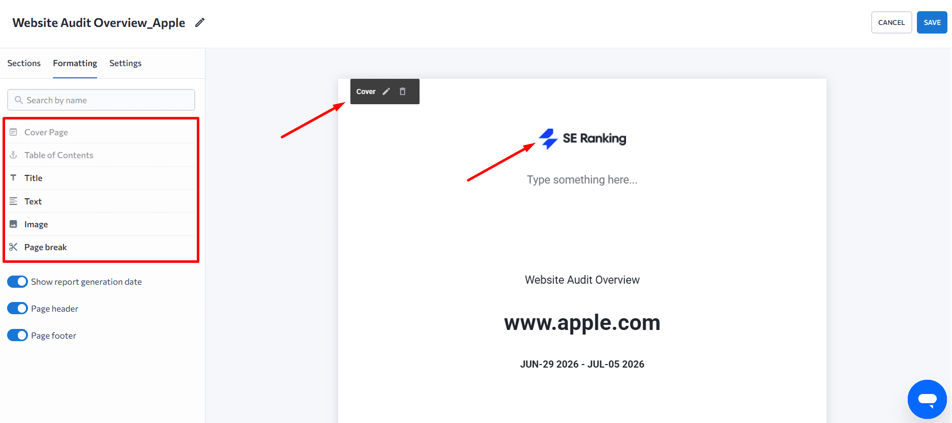 Adding branding in SE Ranking's Report Builder Report branding options in SE Ranking's Report Builder