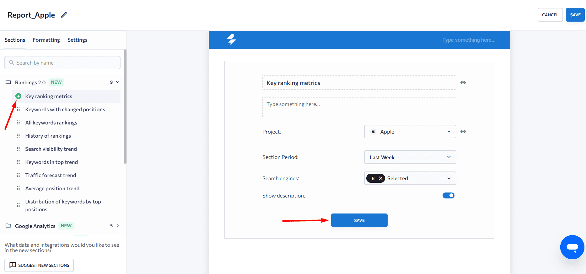 Build your report layout with SE Ranking Building report layout in SE Ranking's Report Builder