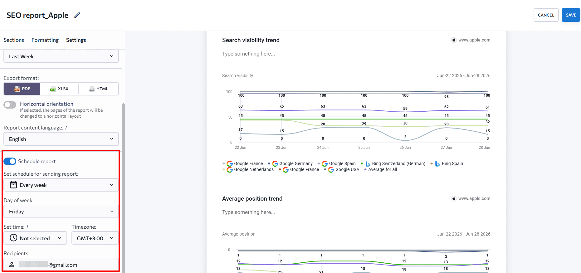 Scheduled delivery in SE Ranking's Report Builder Scheduling report delivery in SE Ranking