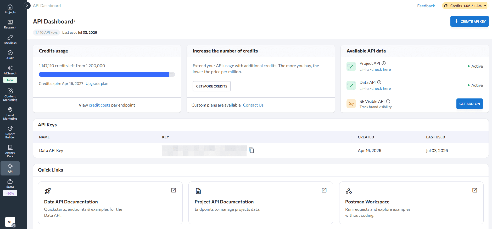 SE Ranking's API dashboard SE Ranking API dashboard