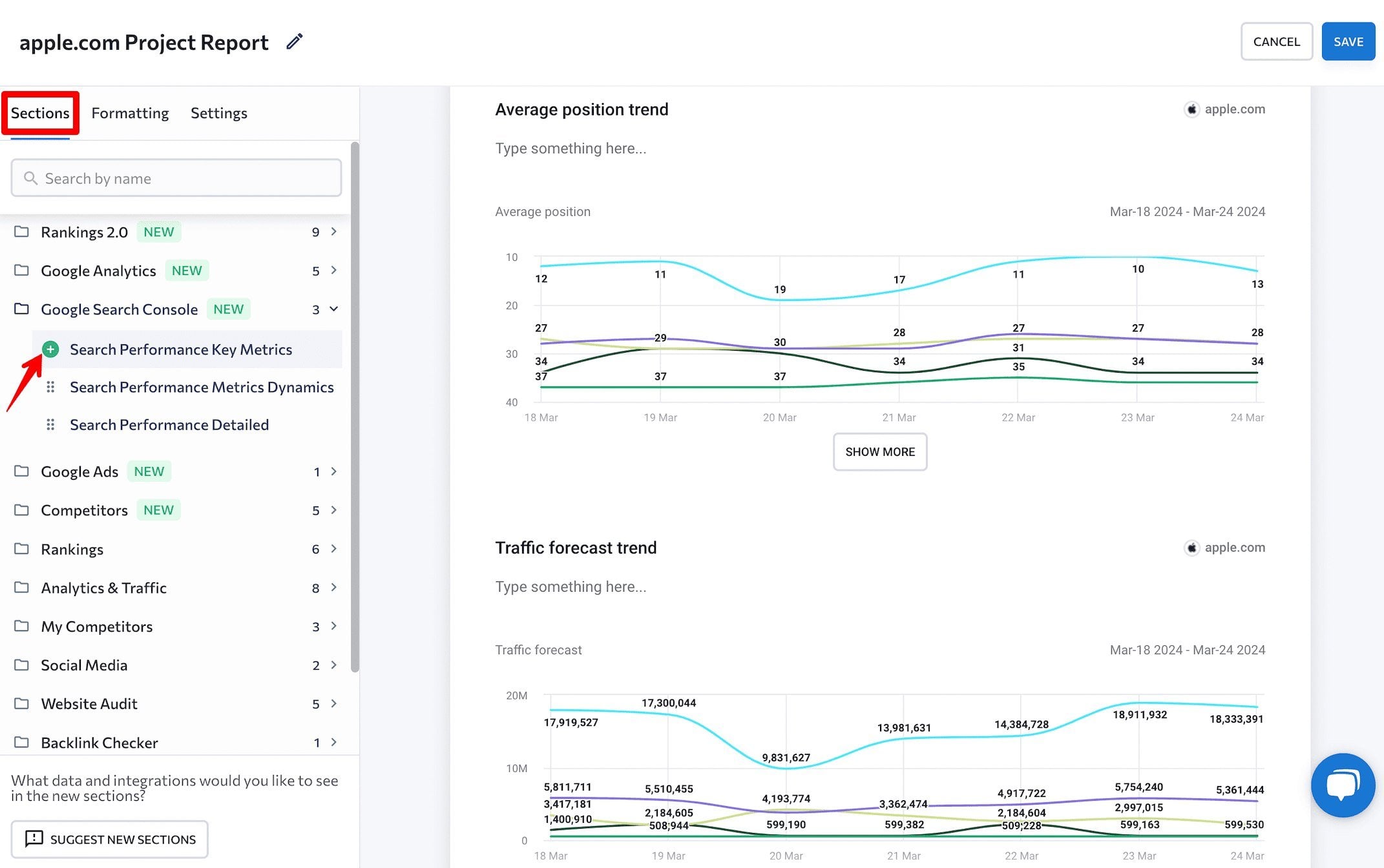 Customization features in SE Ranking’s Report Builder Customization of SE Ranking’s Report Builder