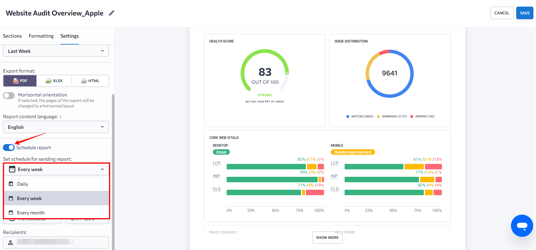 Set your report delivery schedule in SE Ranking Schedule report option in SE Ranking's Report Builder