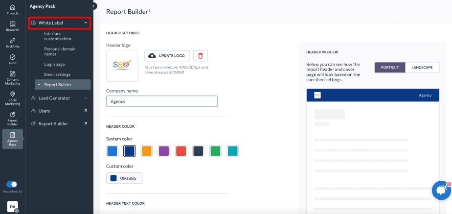 White Label feature in SE Ranking's Report Builder White Label option in SE Ranking