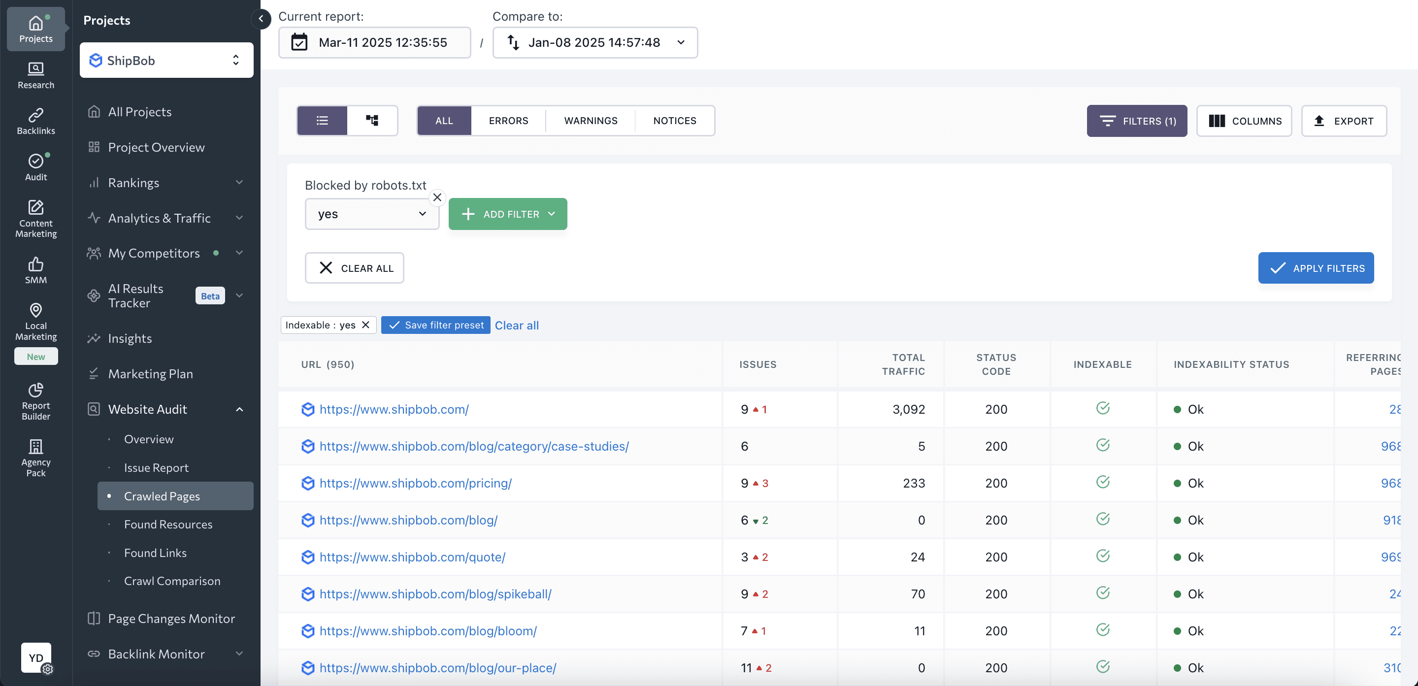 Crawled Pages section in Website Audit