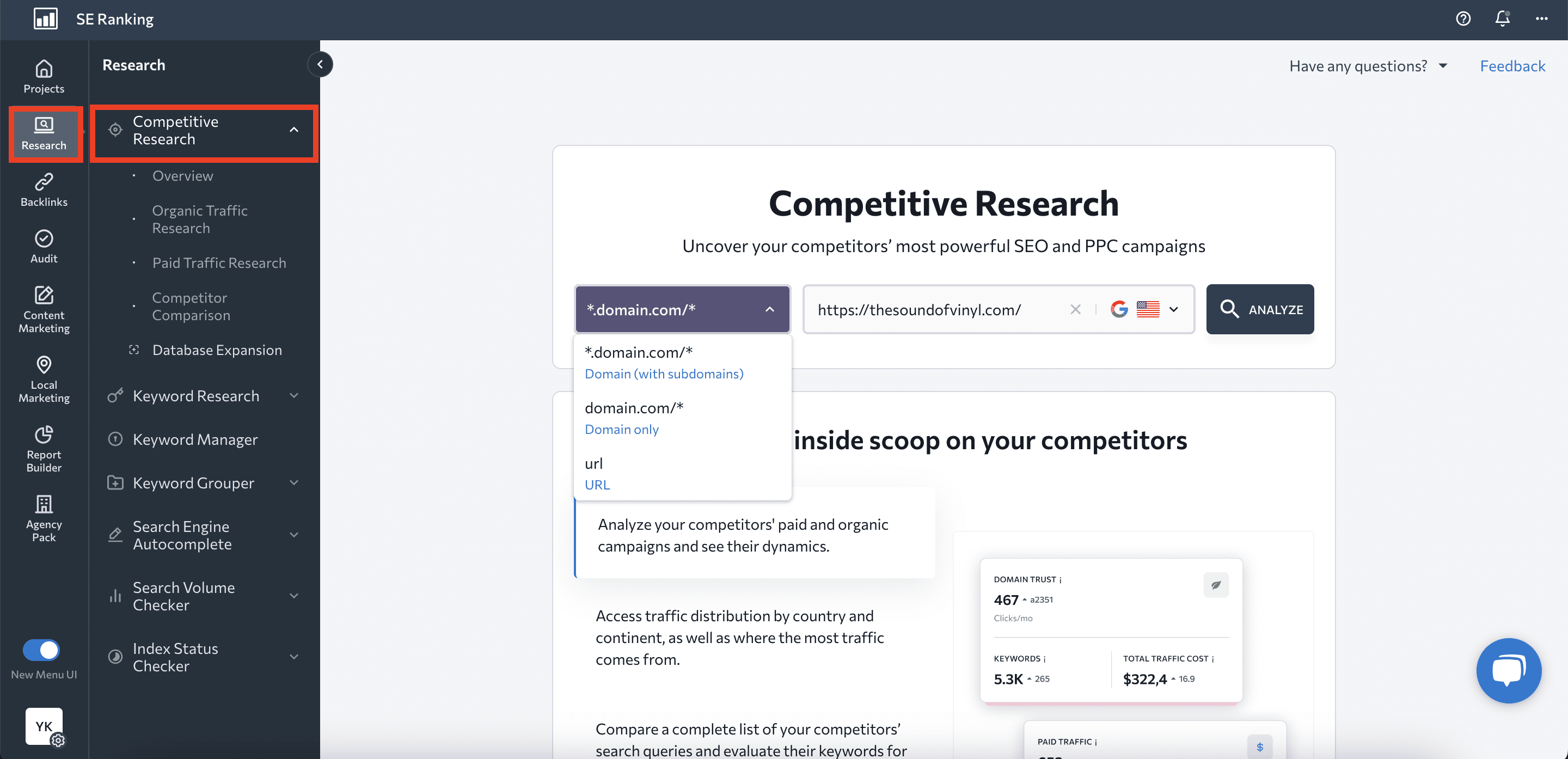 Input information for competitive research