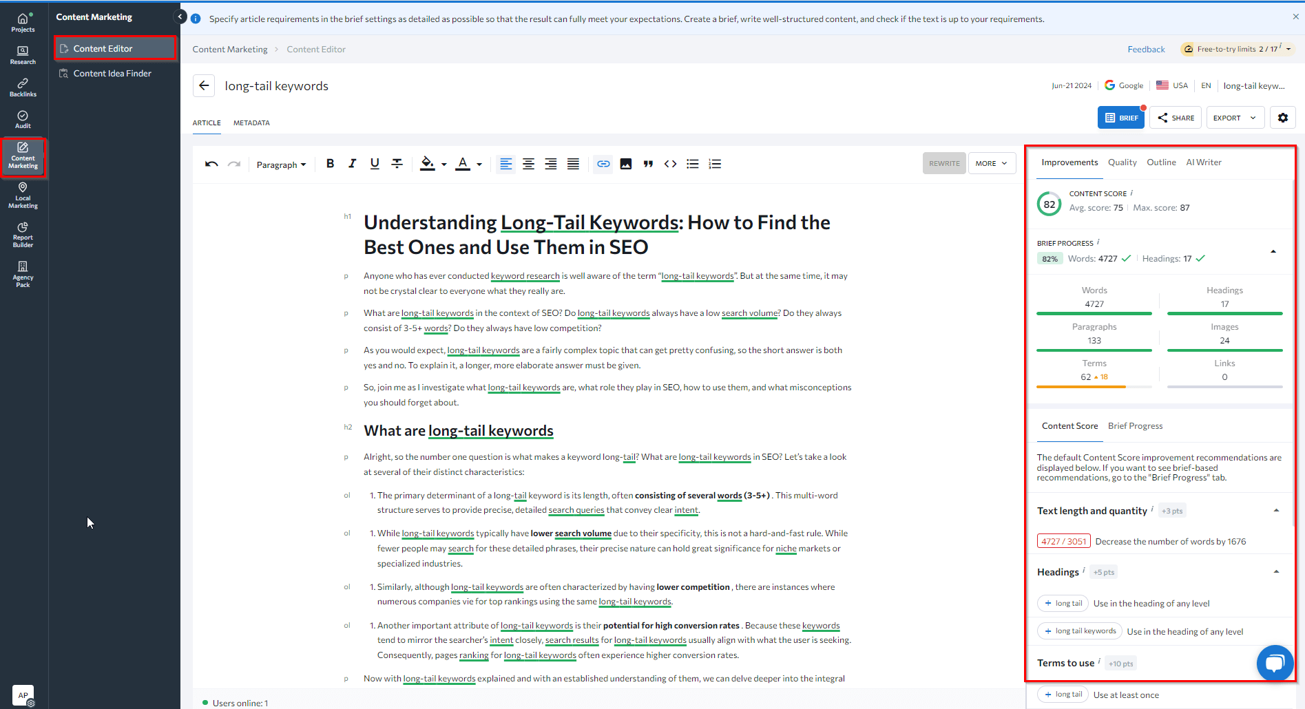 Improvements tab in the Content Editor