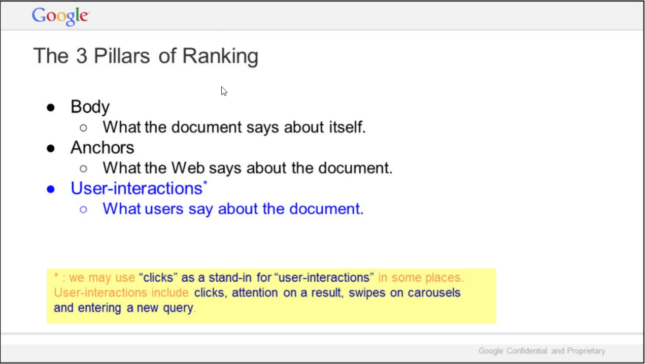 3 pillars of ranking as per Life of a Click presentation