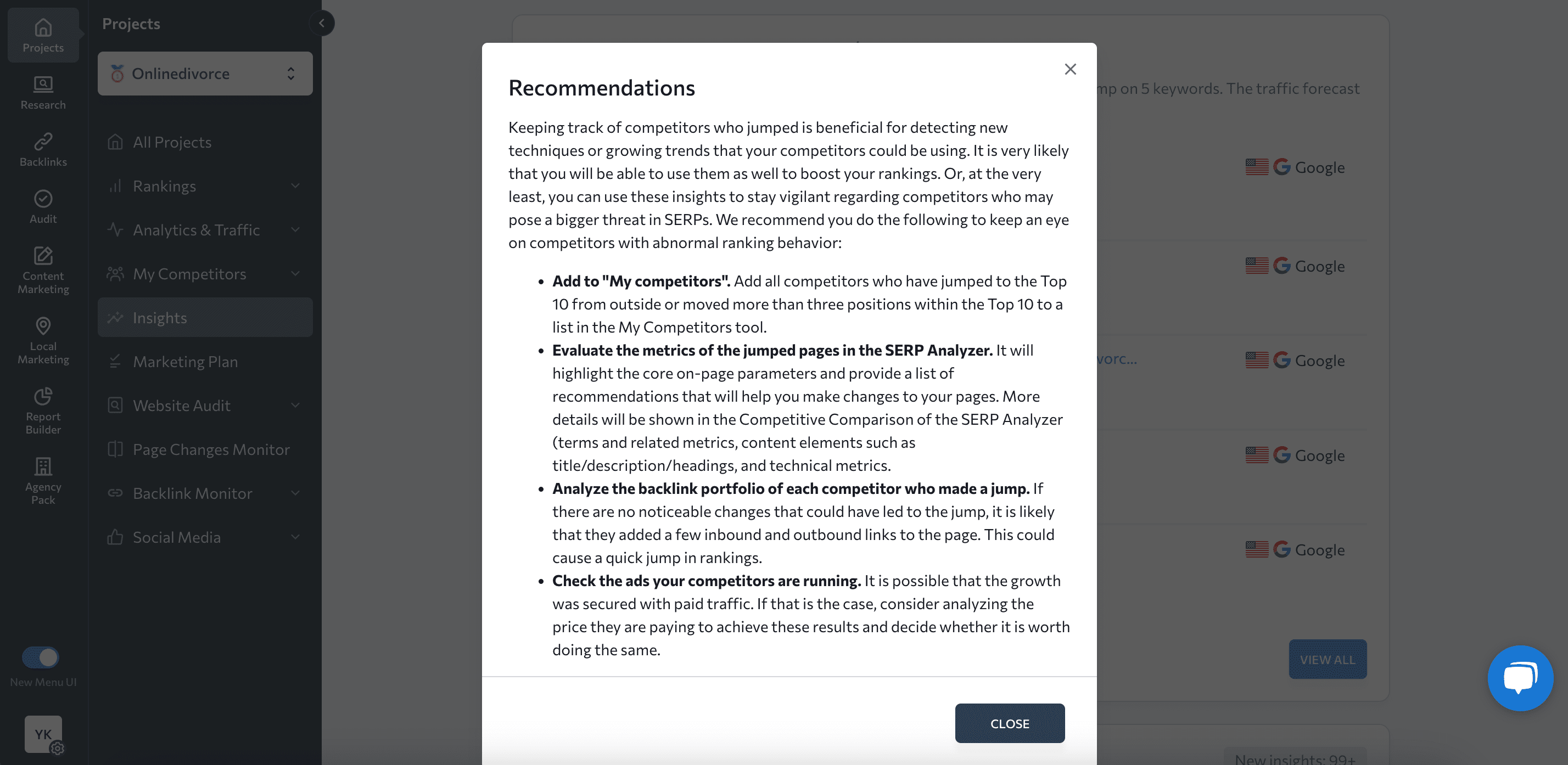 Recommendations in the Insights tool