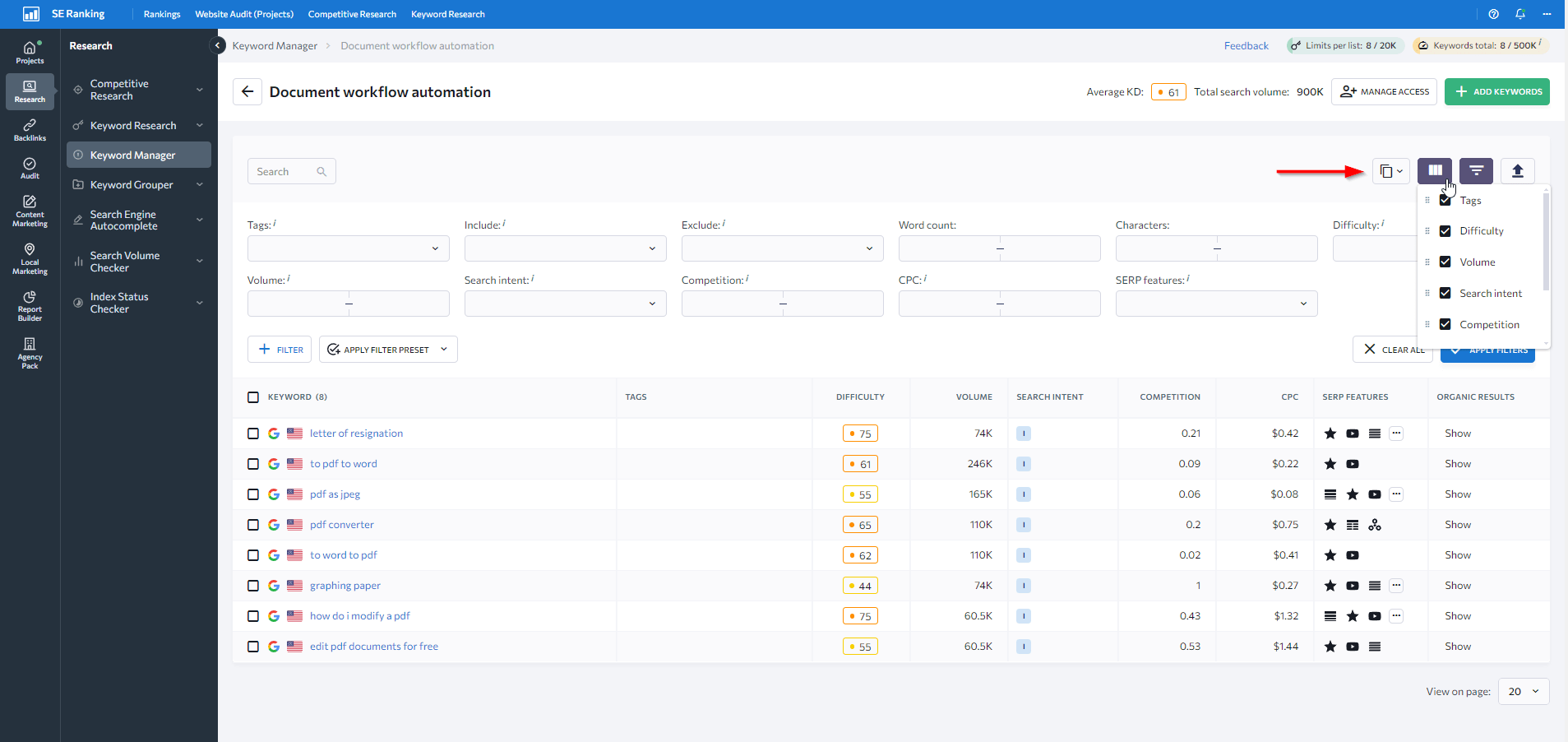 Filtering options in the Keyword Manager