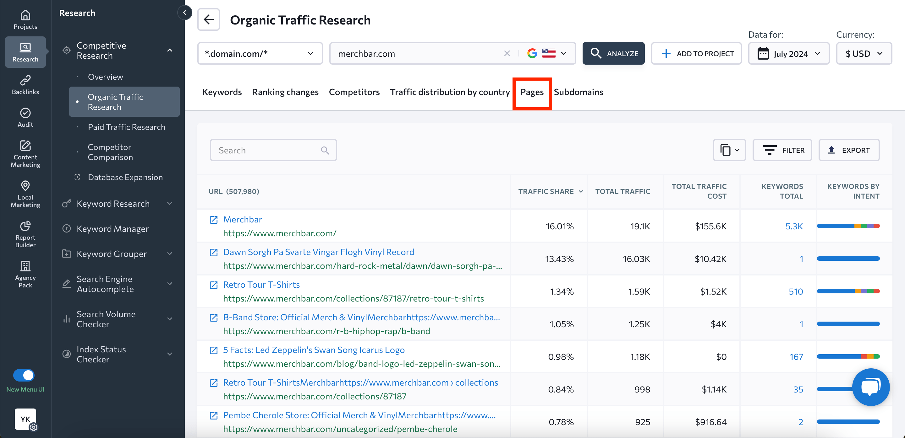 Pages tab in Competitive research