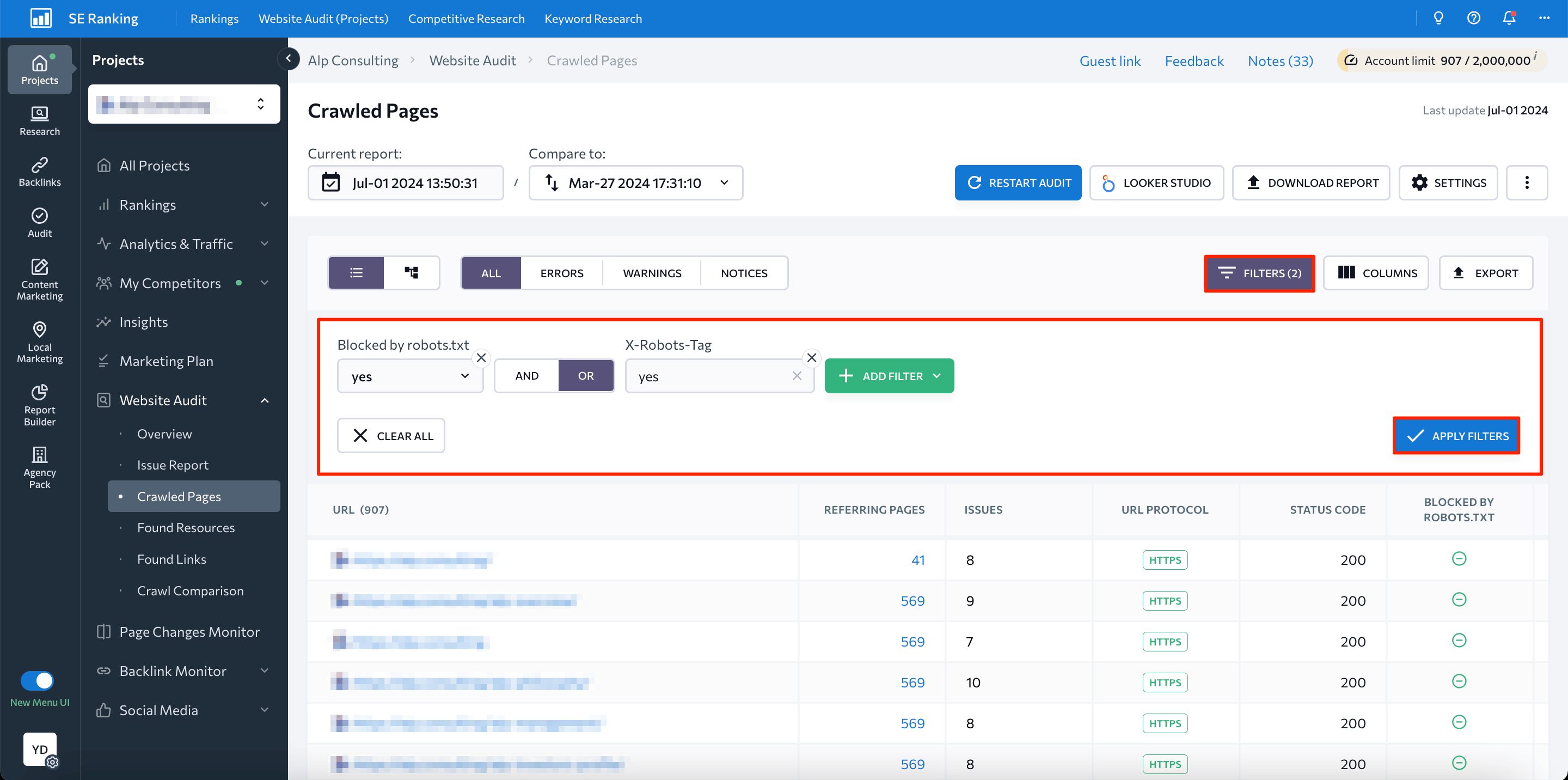 SE Ranking Crawled Pages filtering