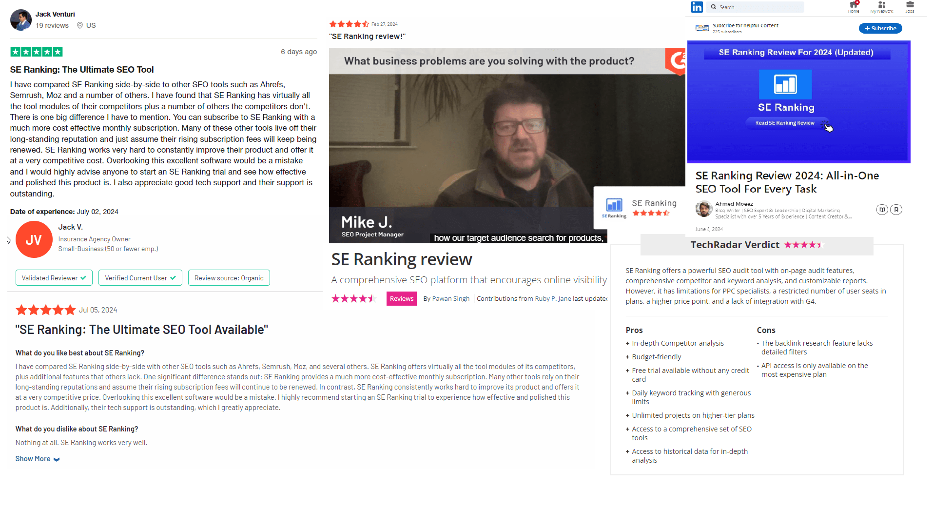 Collage of SE Ranking reviews