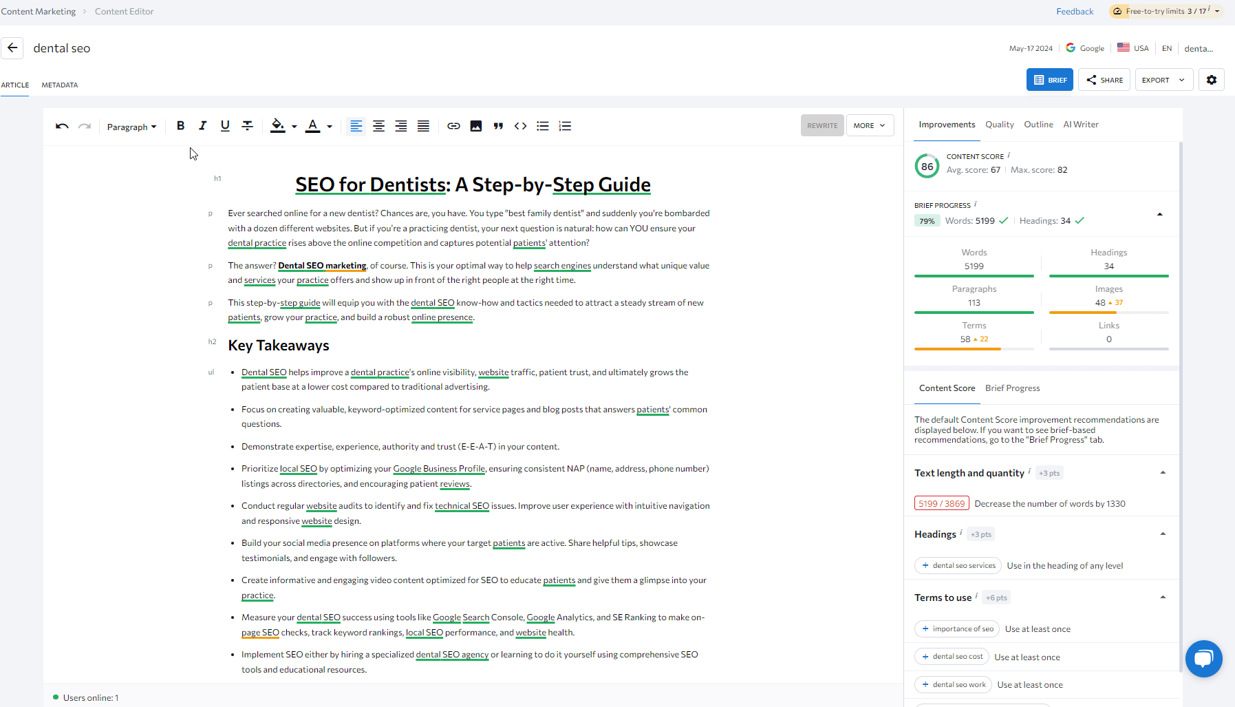 SE Ranking's Content Editor interface