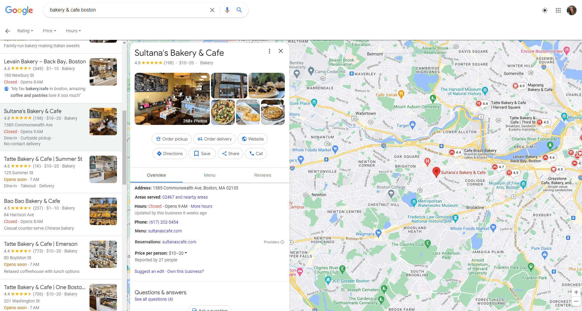 Sultana’s Bakery & Café on google maps