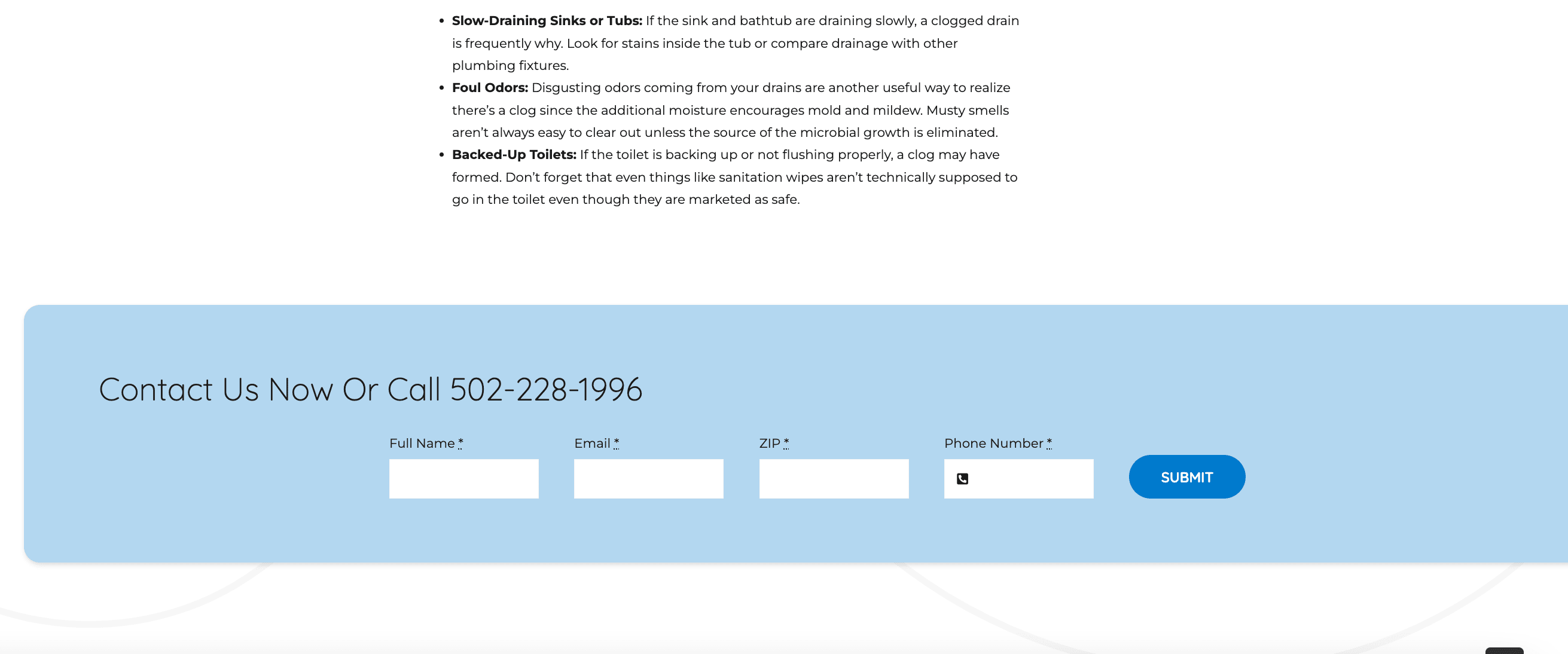 Contact form on United Plumbing website